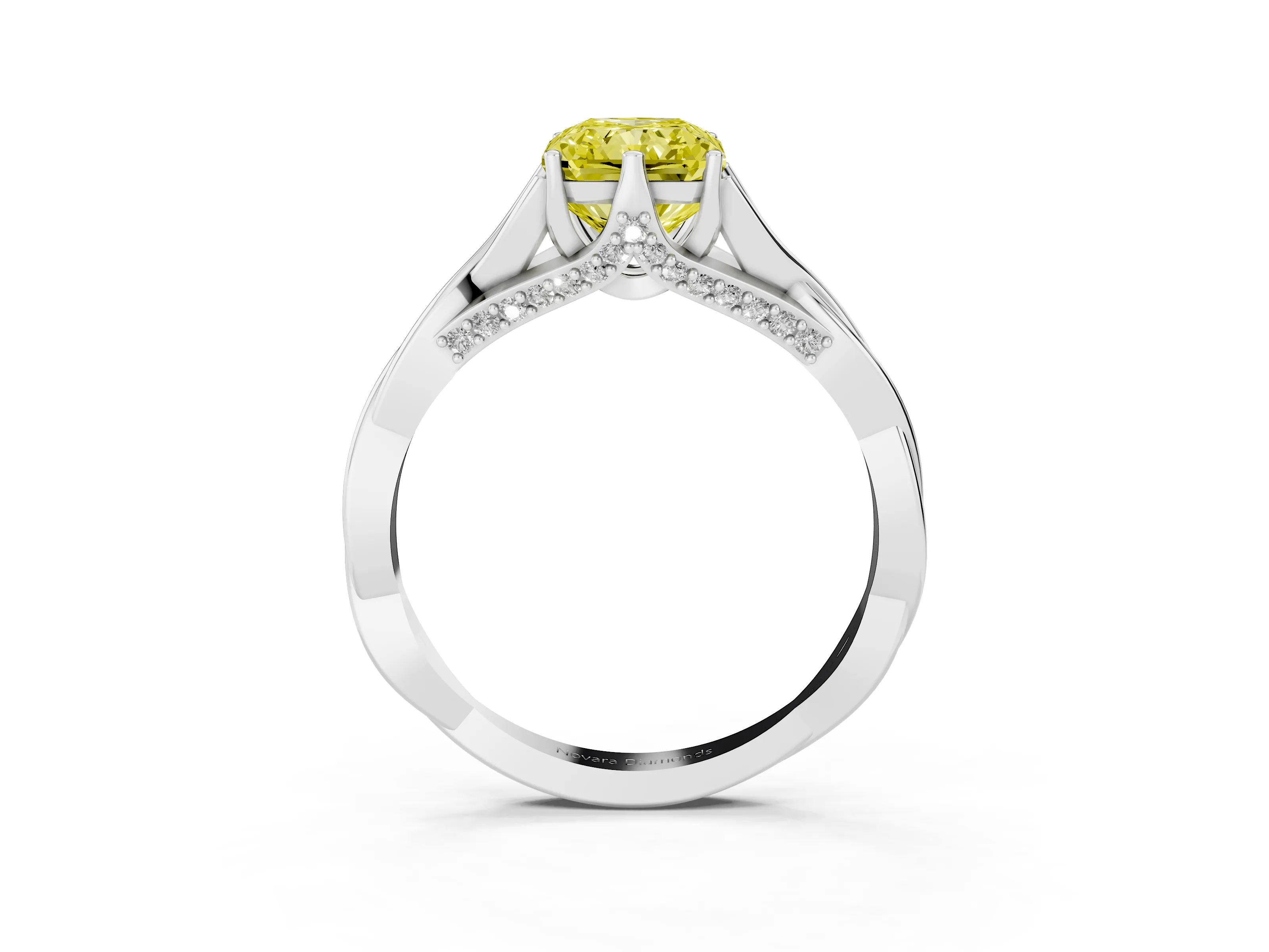 Fancy Yellow Radiant Cut Diamond Intertwined Twist Band Solitaire Ring Set in White gold with Prong Setting