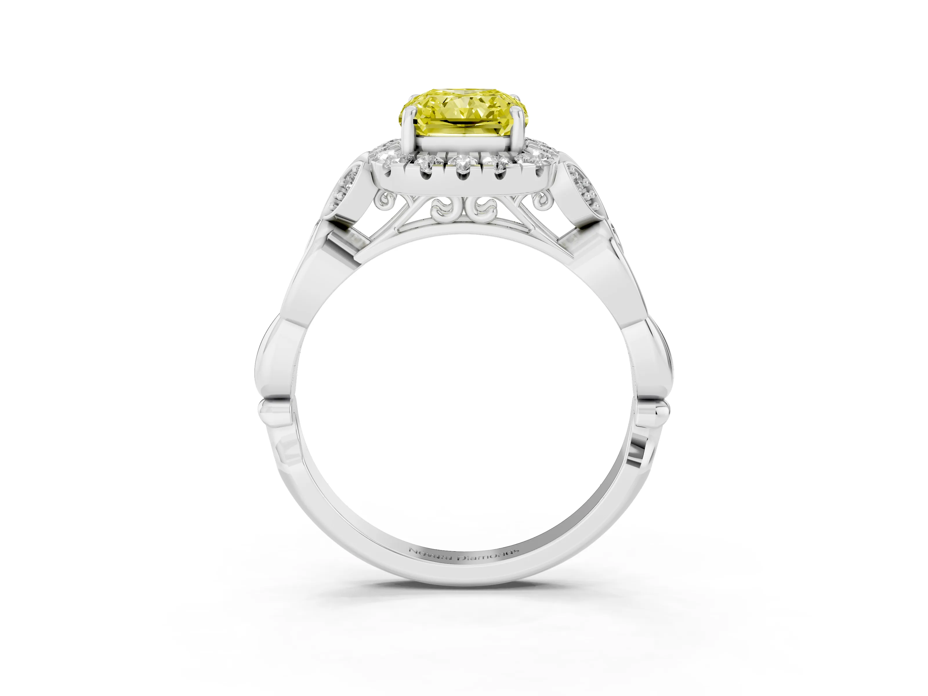 Fancy Yellow Radiant Cut Diamond Halo Engagement Ring Set in White gold with Vintage-Inspired Band and Prong Setting