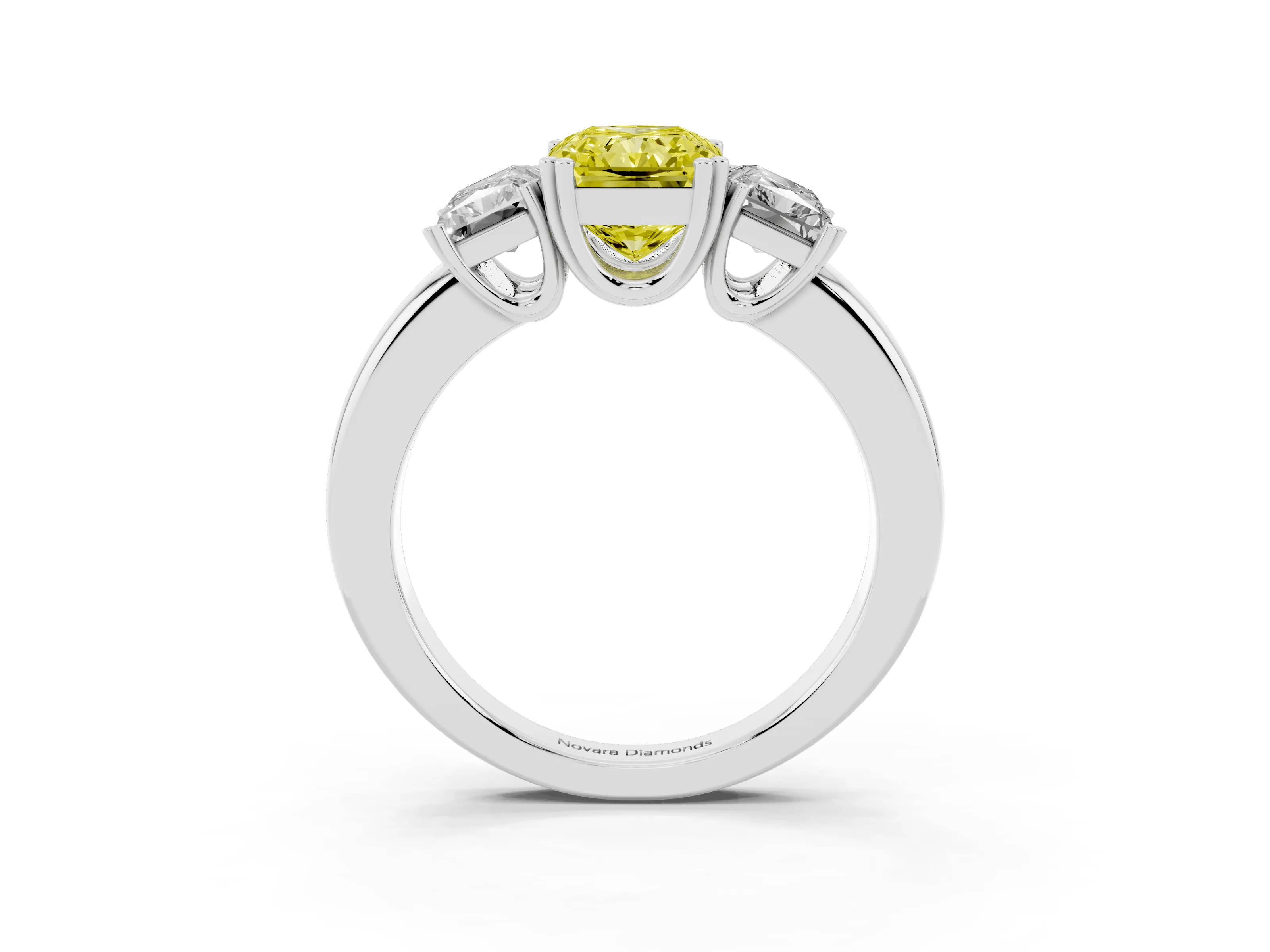 Fancy Yellow Radiant Cut Diamond Three-Stone Ring Set in Platinum with Polished Channel-Set Band