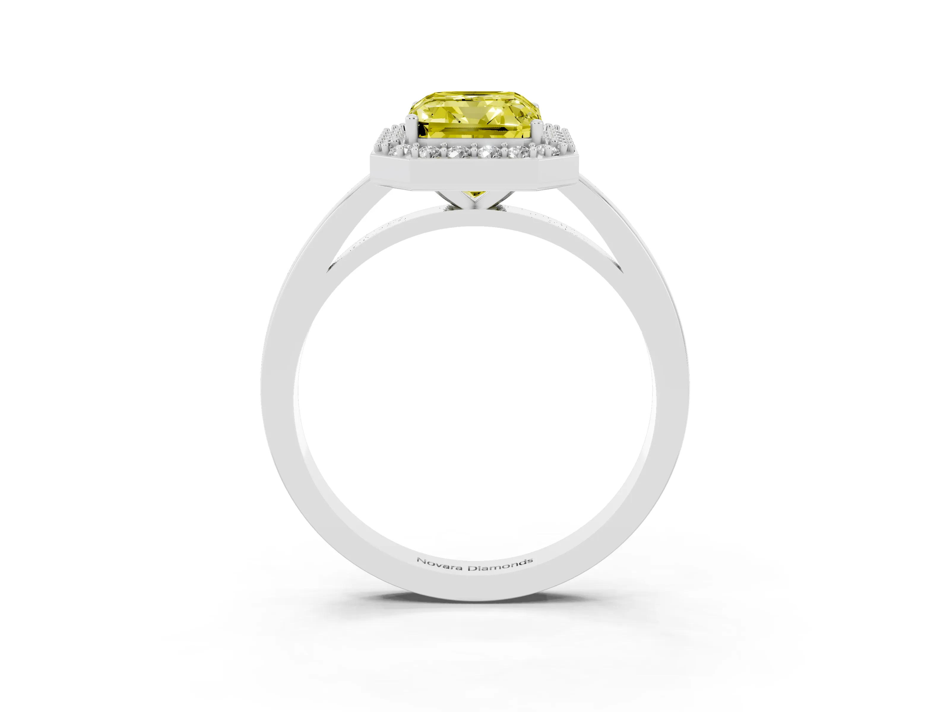 Fancy Yellow Radiant Cut Diamond Halo Ring Set in White gold with Solitaire Band and Prong Setting