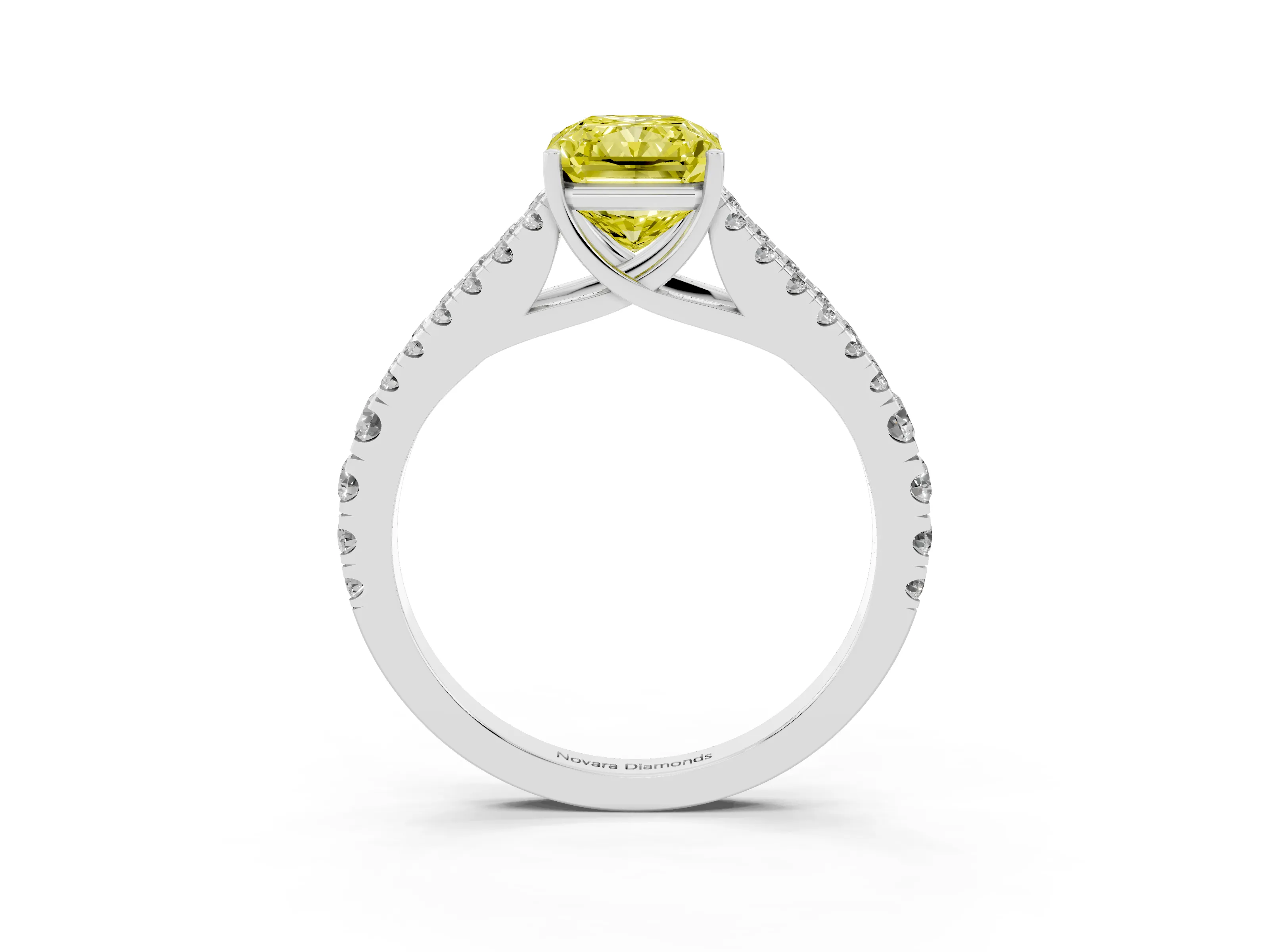 Fancy Yellow Radiant Cut Diamond Split Shank Pavé Engagement Ring Set in Platinum with Prong-Held Center Stone
