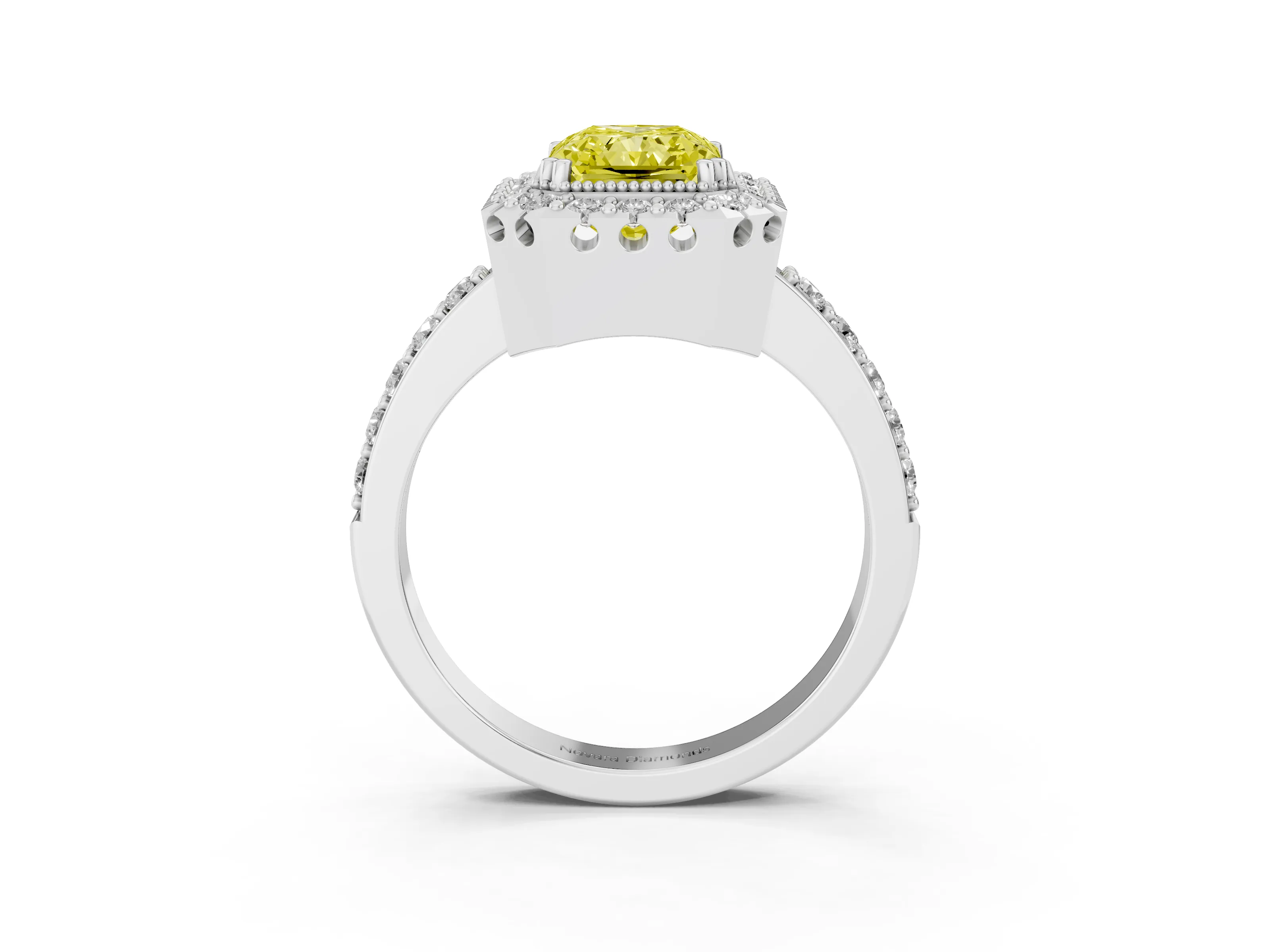 Fancy Yellow Radiant Cut Diamond Halo Ring Set in White gold with Pavé Shank and Prong Setting