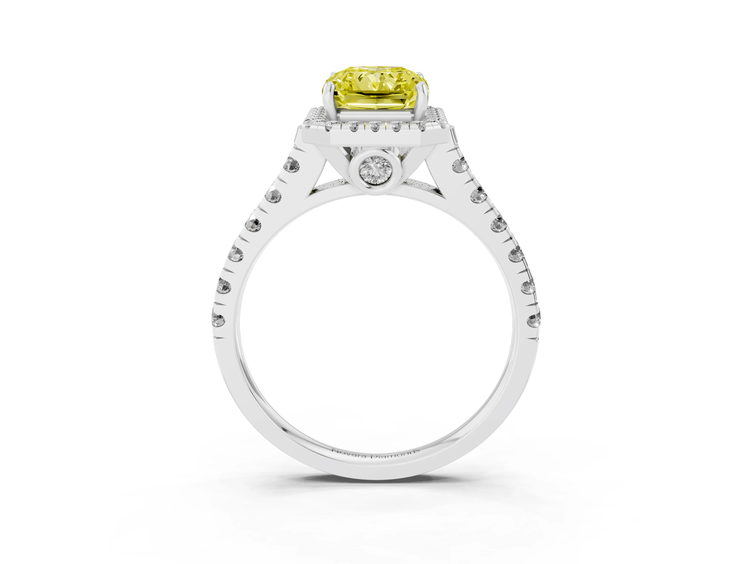 Fancy Yellow Radiant Cut Diamond Halo Engagement Ring Set in White gold with Pavé Band and Prong-Set Center