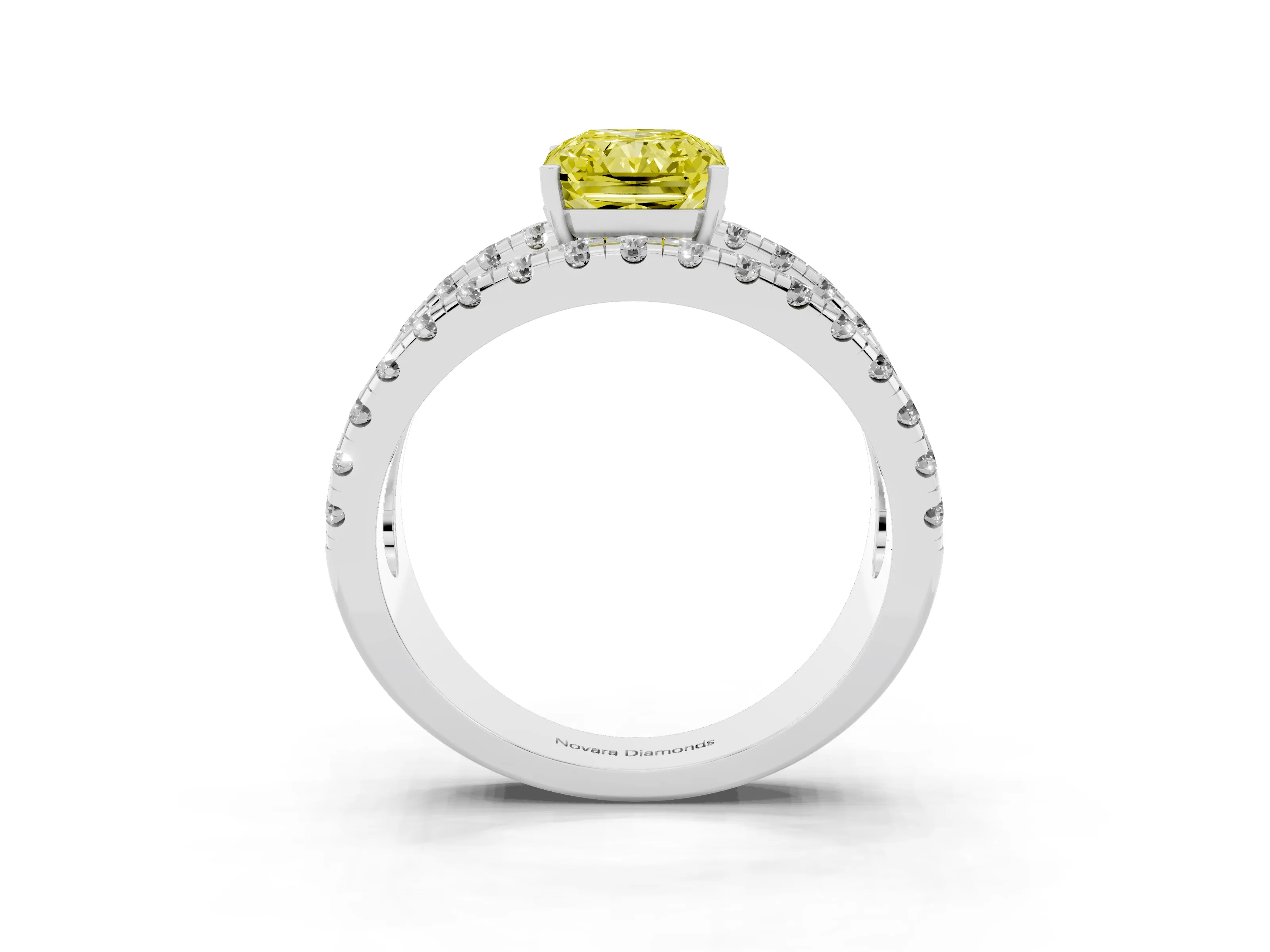 Fancy Yellow Radiant Cut Diamond Split Shank Pavé Solitaire Ring Set in Platinum with Open Shank Design