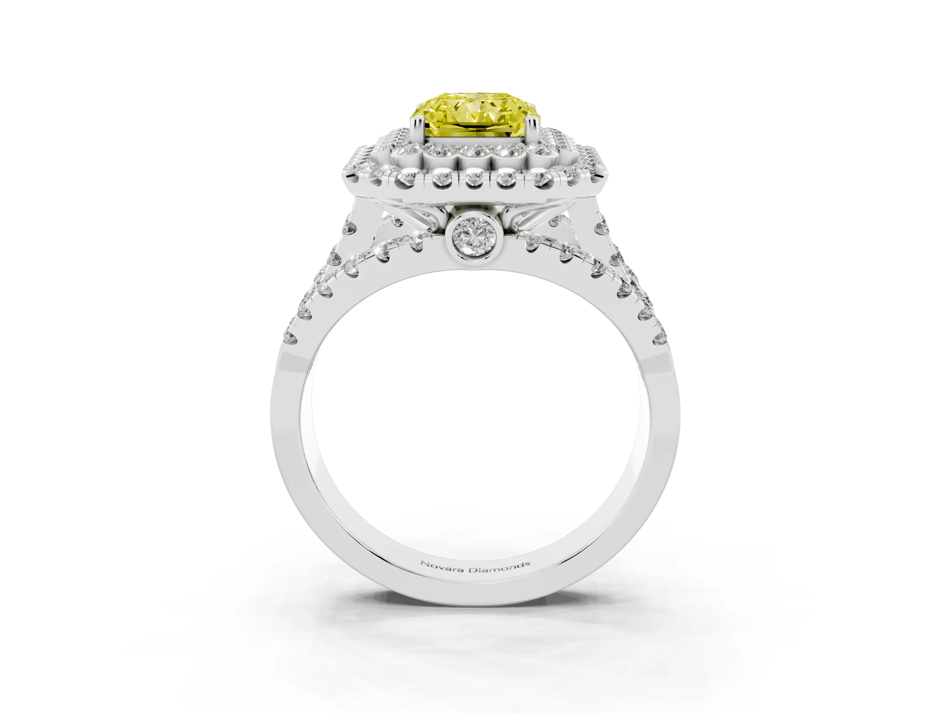 Fancy Yellow Radiant Cut Diamond Double Halo Ring Set in White gold with Round Pavé Split Shank
