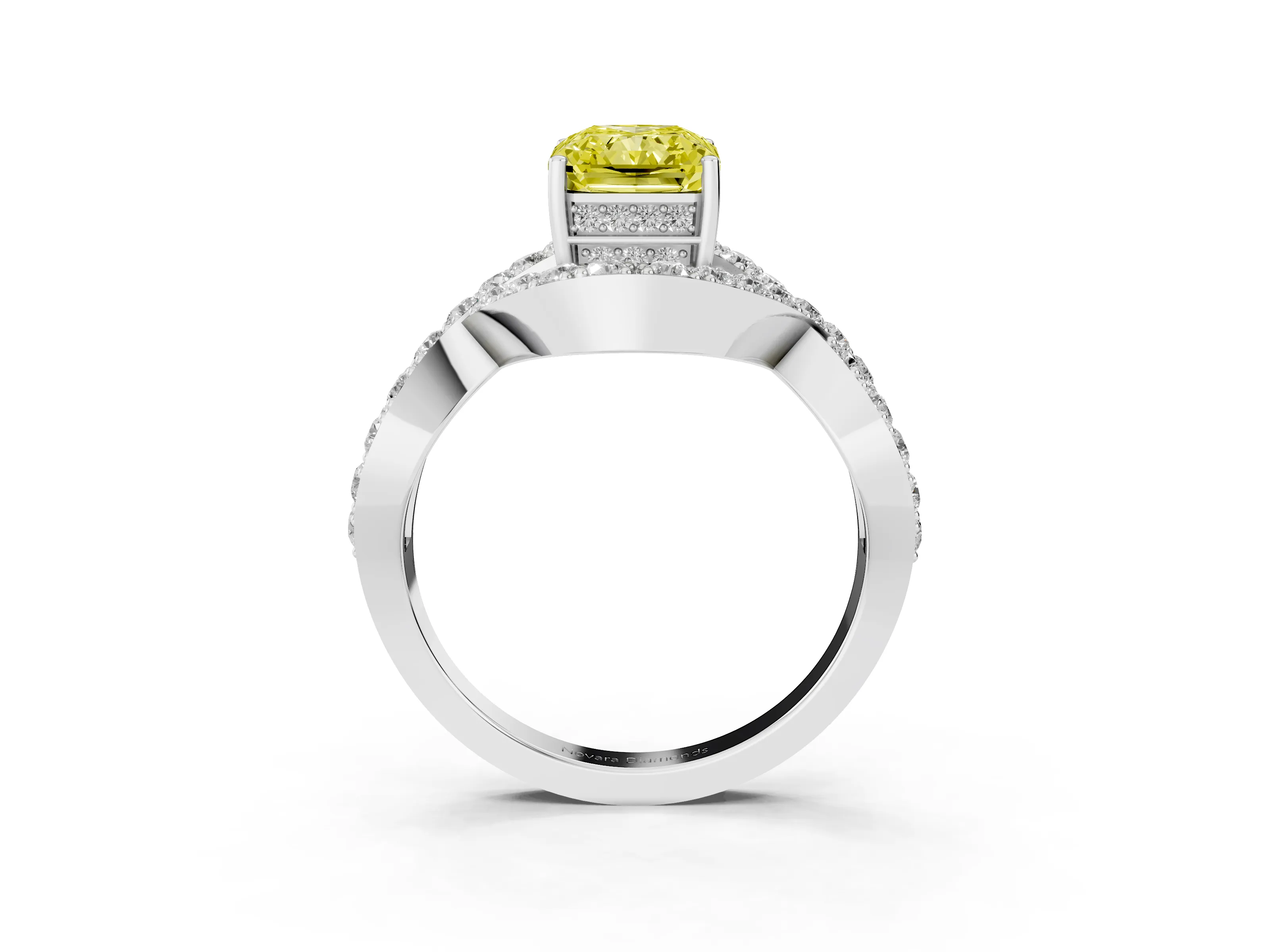 Fancy Yellow Radiant Cut Diamond Solitaire Twist Band Pavé Engagement Ring Set in Silver