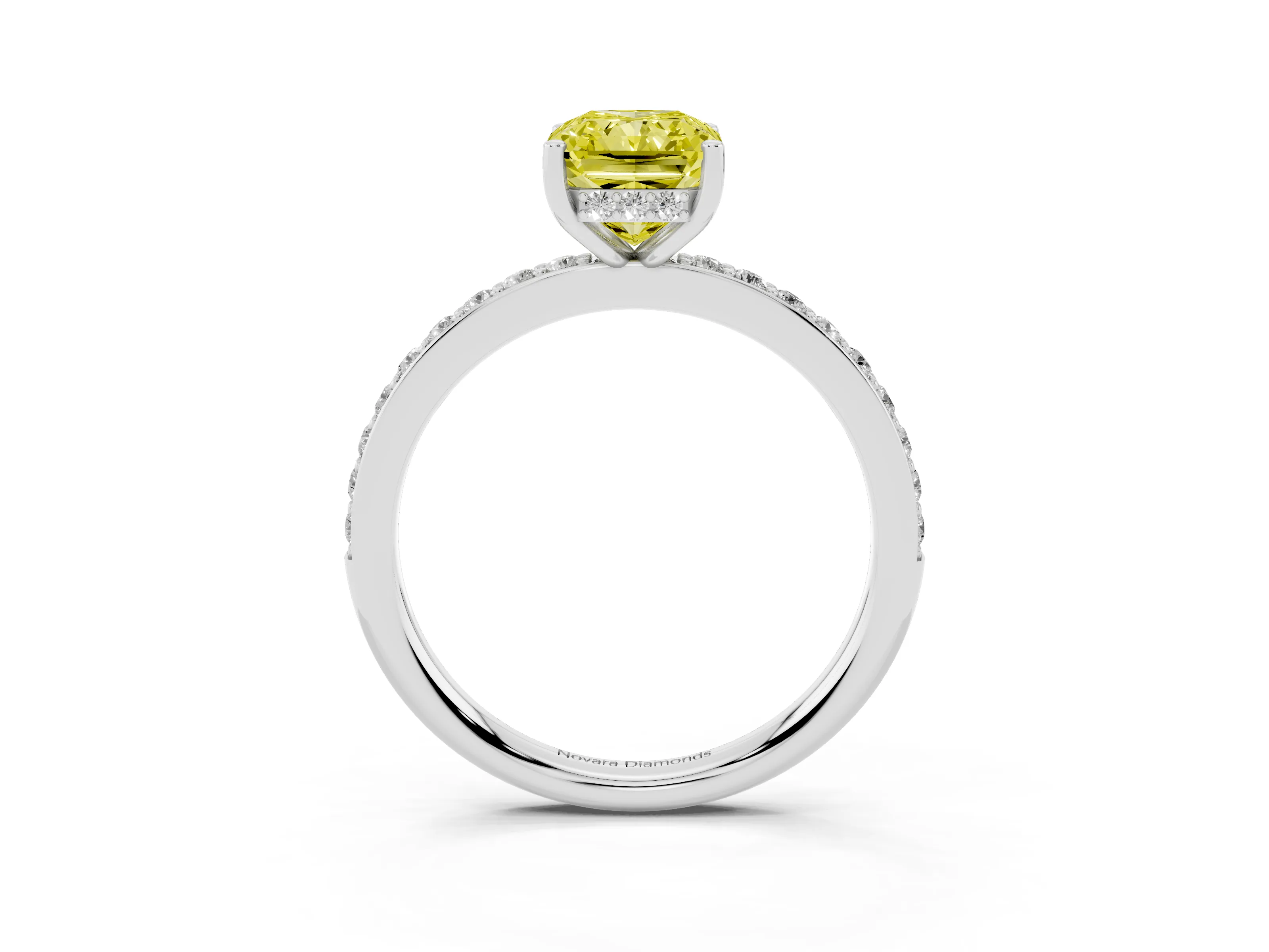 Fancy Yellow Radiant Cut Diamond Pavé Band Ring Set in White gold with Prong-Set Center Stone