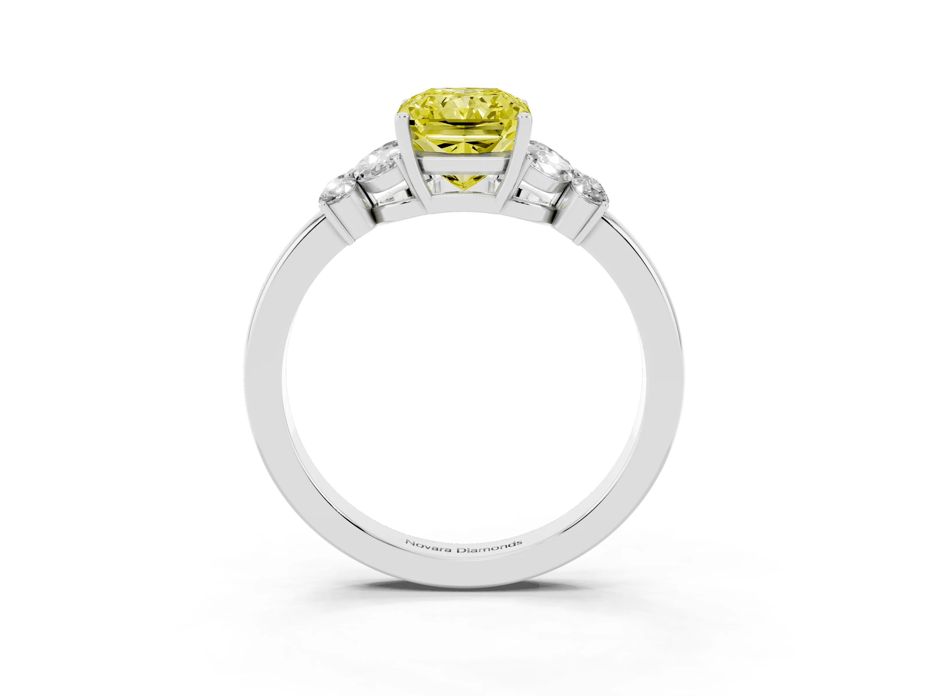 Fancy Yellow Radiant Cut Diamond Solitaire Floral Ring Set in White gold with Marquise Petals and Prong Setting