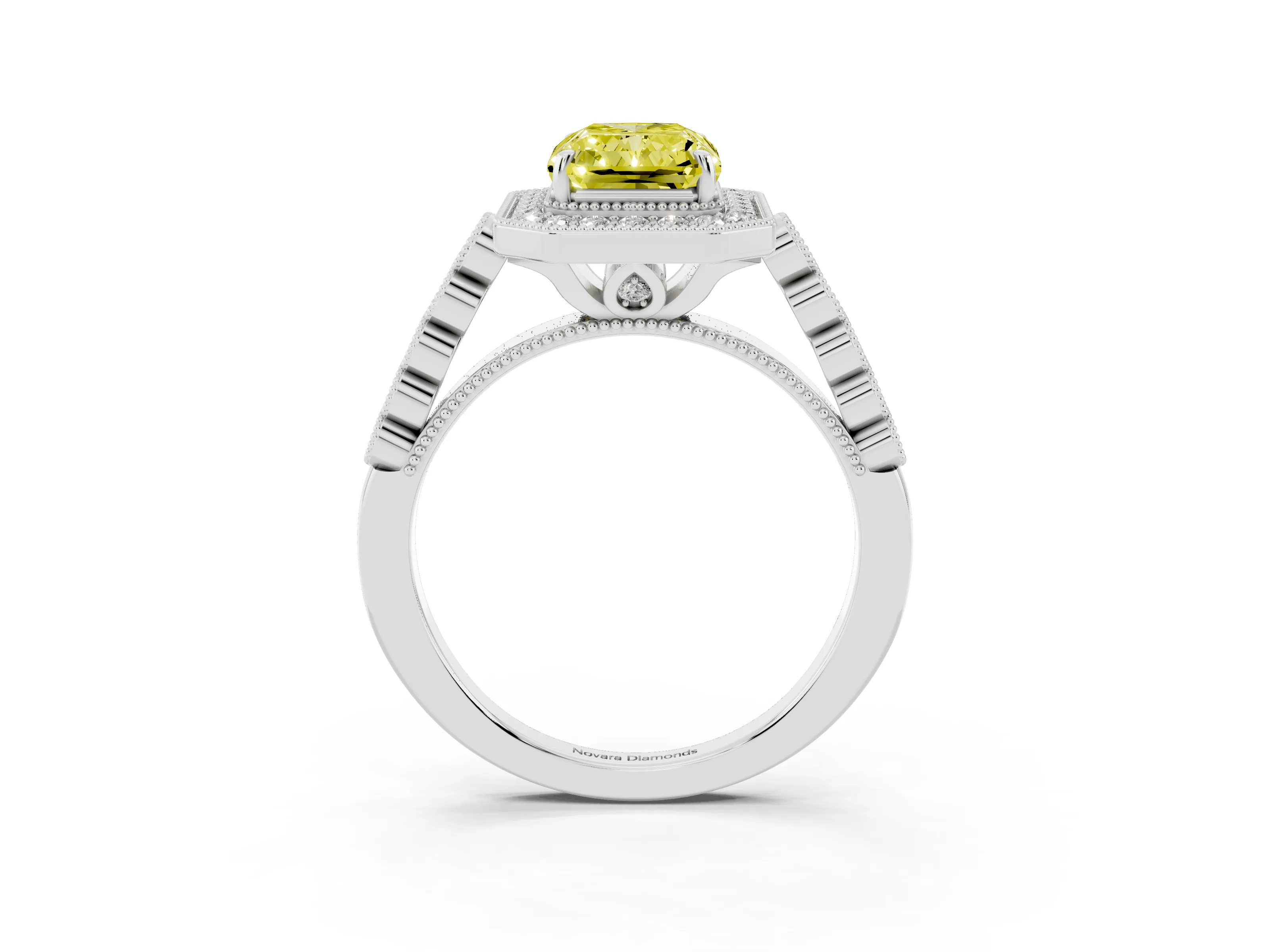 Fancy Yellow Radiant Cut Diamond Milgrain Halo Solitaire Ring Set in White gold with Bezel Set Side Stones and Pavé Band