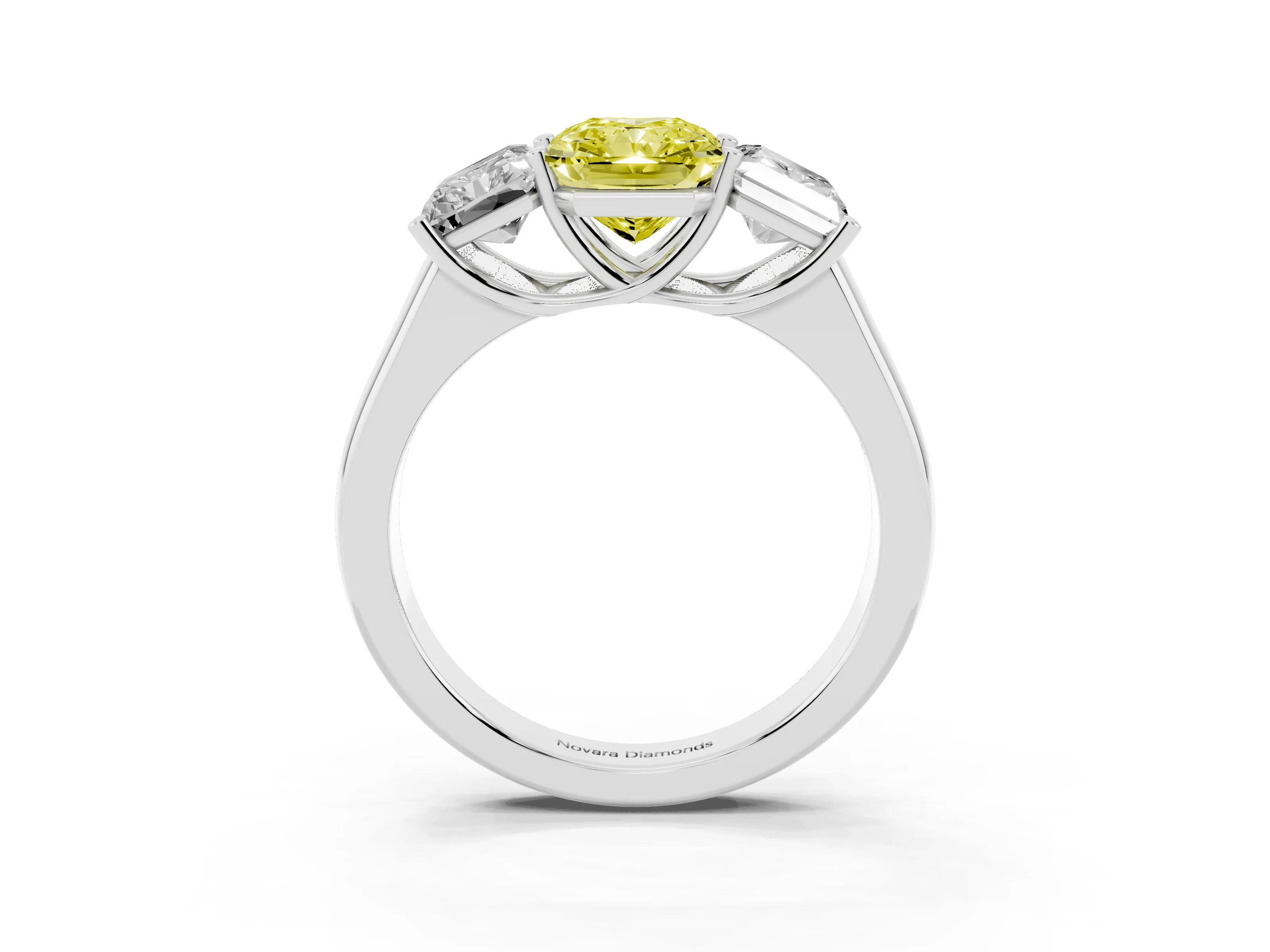 Fancy Yellow Radiant Cut Diamond Three-Stone Ring Set in White gold with Plain Polished Band