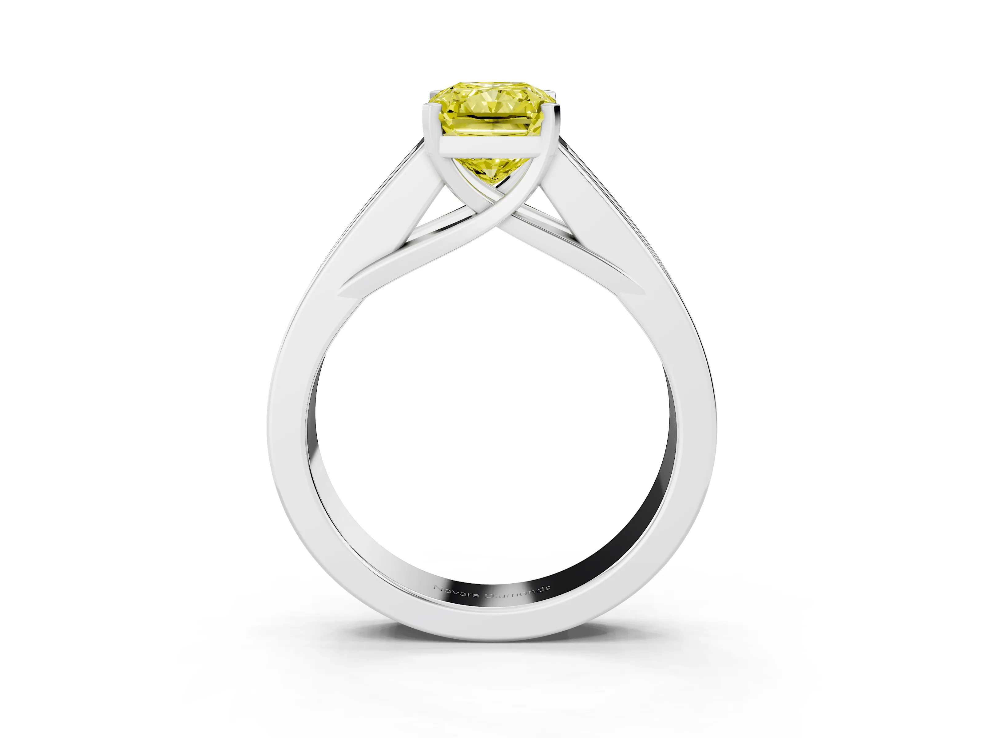 Fancy Yellow Radiant Cut Diamond Solitaire Ring Set in Silver with Channel-Set Accent Stones and Prong Setting