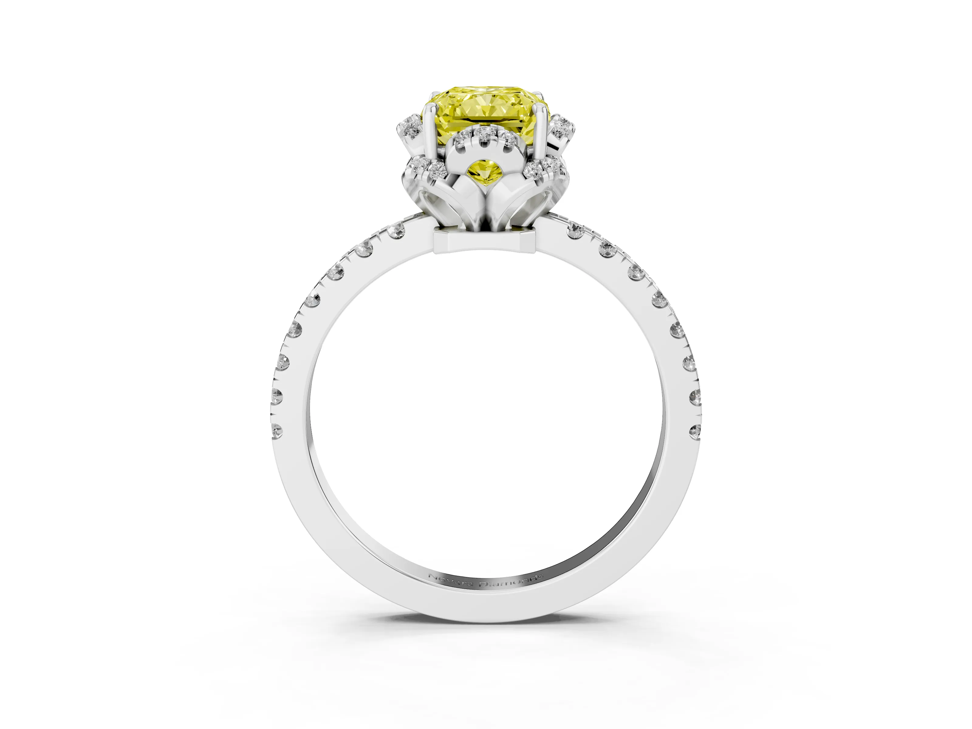 Fancy Yellow Radiant Cut Diamond Halo Pavé Band Ring Set in White gold with Prong-Held Center