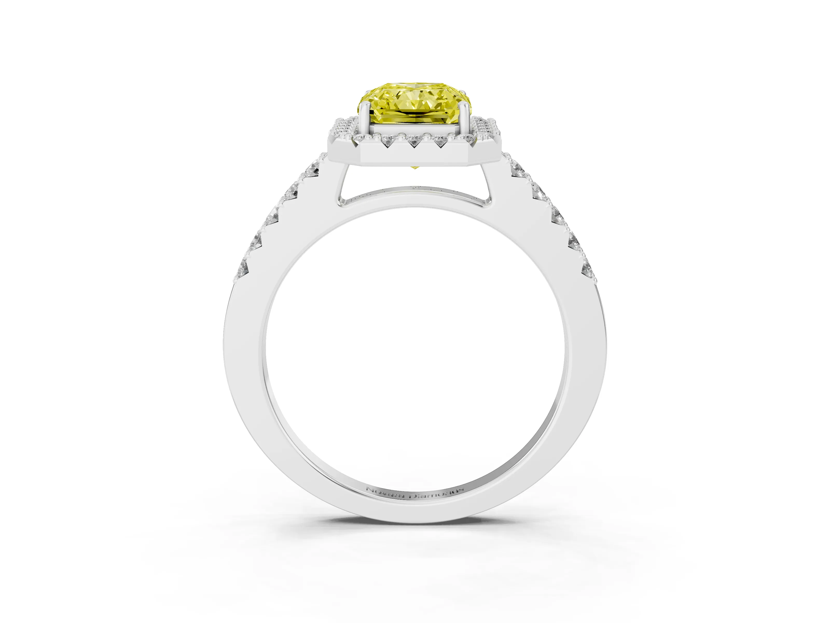 Fancy Yellow Radiant Cut Diamond Halo Pavé Solitaire Ring Set in Platinum with Prong-Set Center Stone