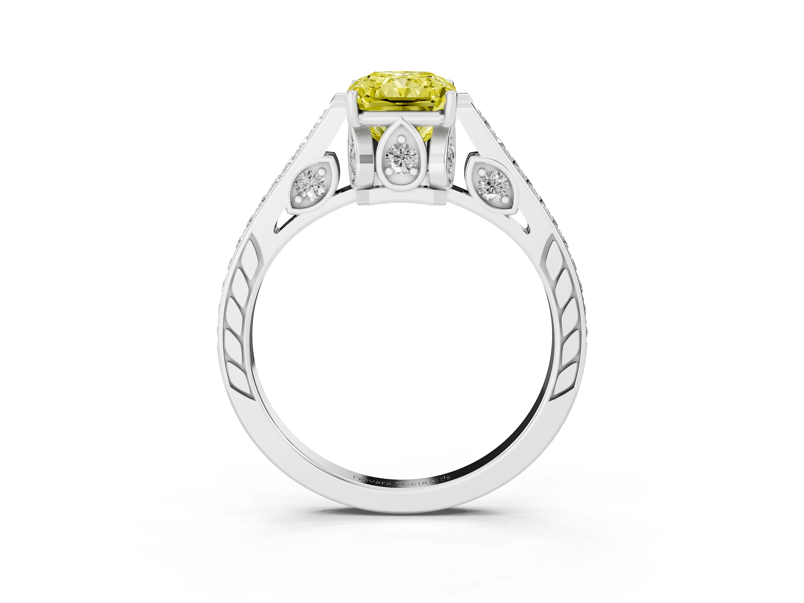 Fancy Yellow Radiant Cut Diamond Cathedral Pavé Engagement Ring Set in Silver with Prong Setting