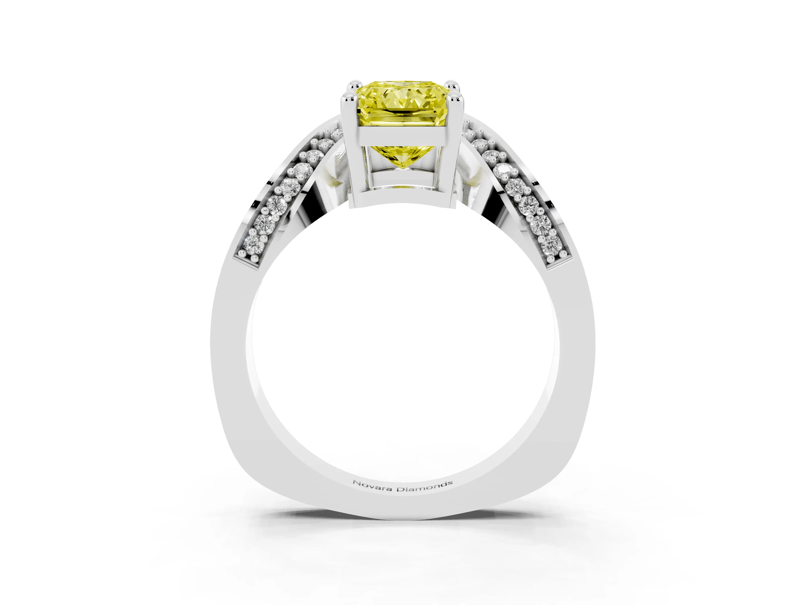 Fancy Yellow Radiant Cut Diamond Solitaire Engagement Ring Set in Platinum with Pavé Shoulders