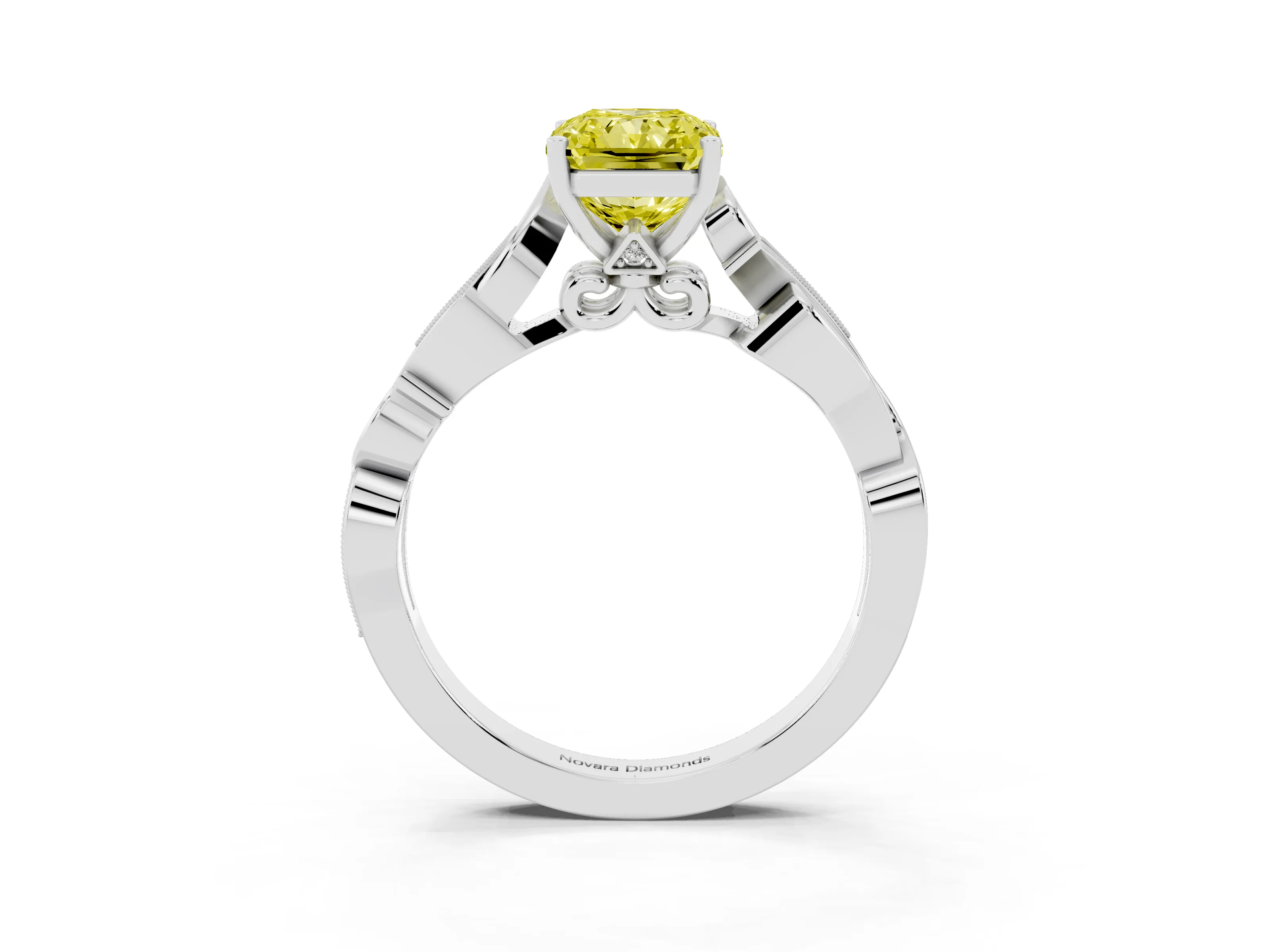 Fancy Yellow Radiant Cut Diamond Vine Band Solitaire Ring Set in Platinum with Milgrain Prong Setting