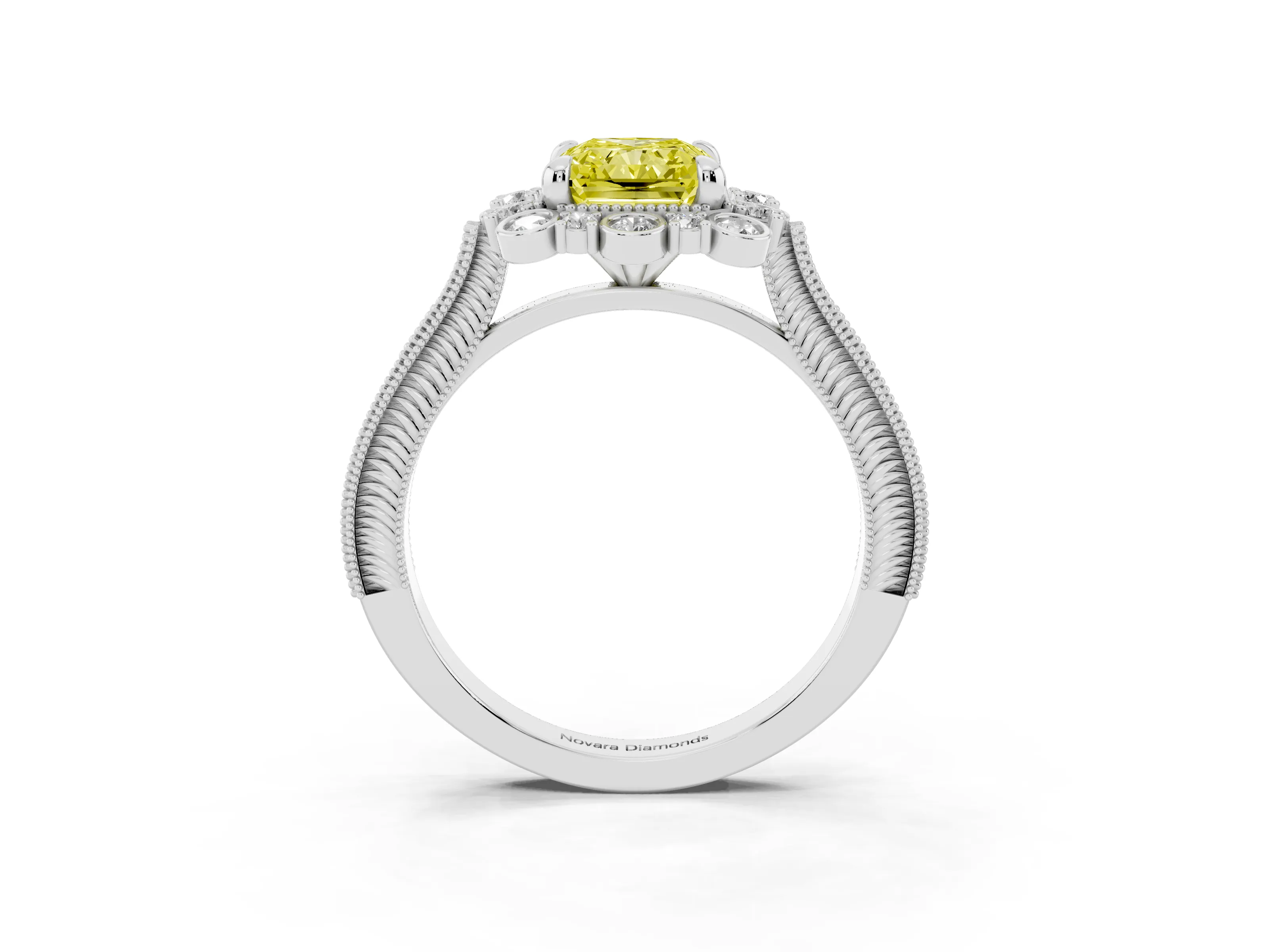 Fancy Yellow Radiant Cut Diamond Halo Milgrain Pavé Ring Set in Platinum with Prong Setting