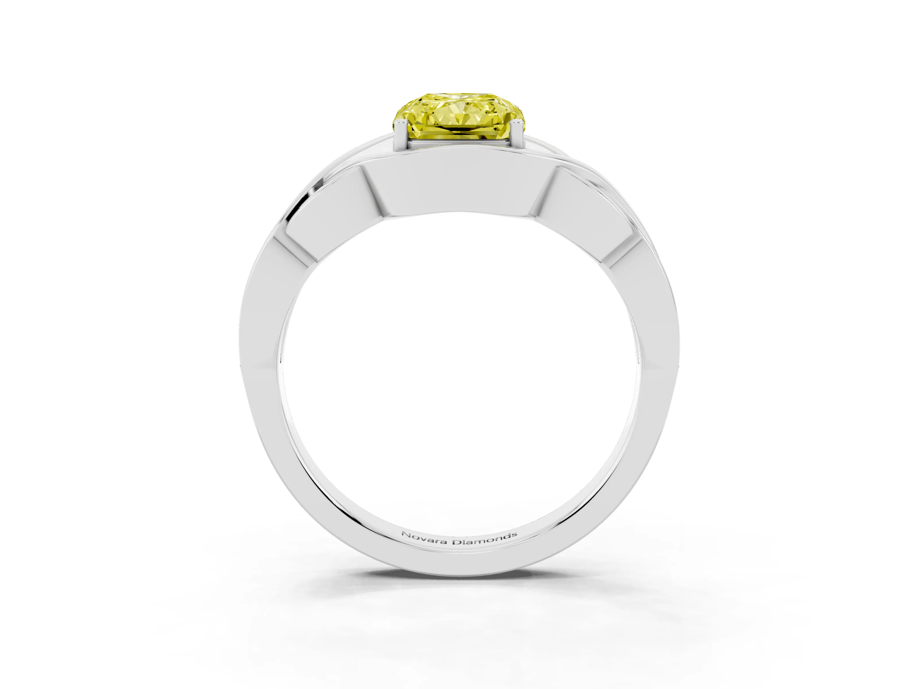 Fancy Yellow Radiant Cut Diamond Solitaire Ring Set in Silver with Intertwined Band