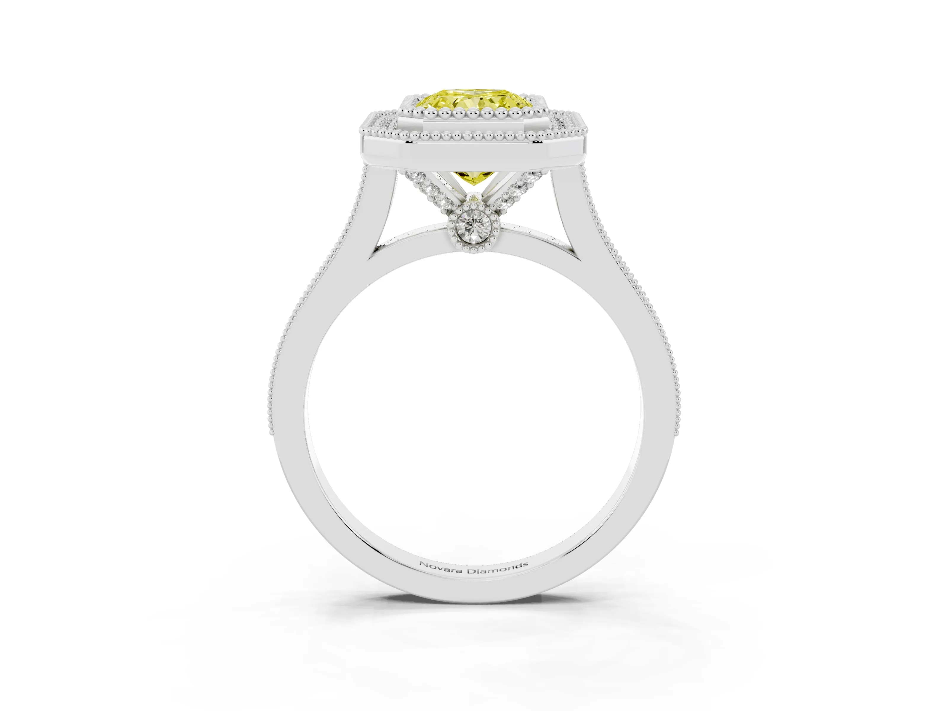 Fancy Yellow Radiant Cut Diamond Halo Ring Set in Silver with Milgrain Frame and Pavé Band