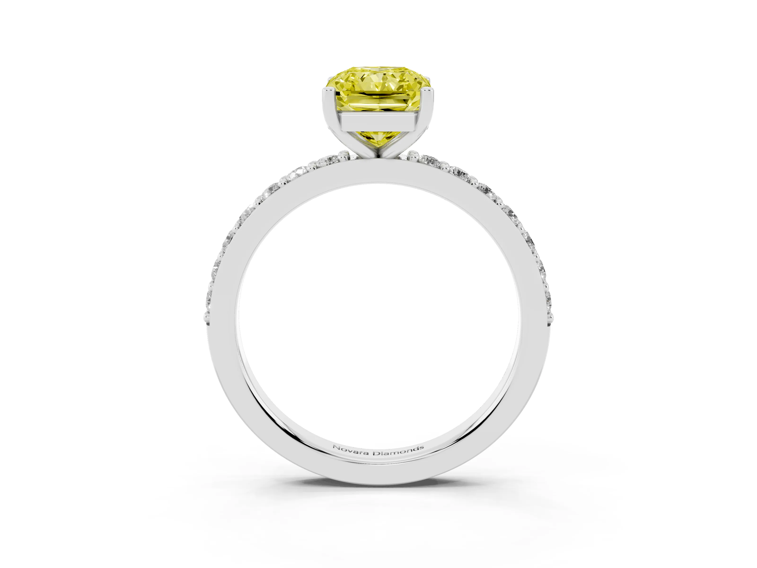 Fancy Yellow Radiant Cut Diamond Solitaire Set in White gold with Round Pavé Band and Prong Setting