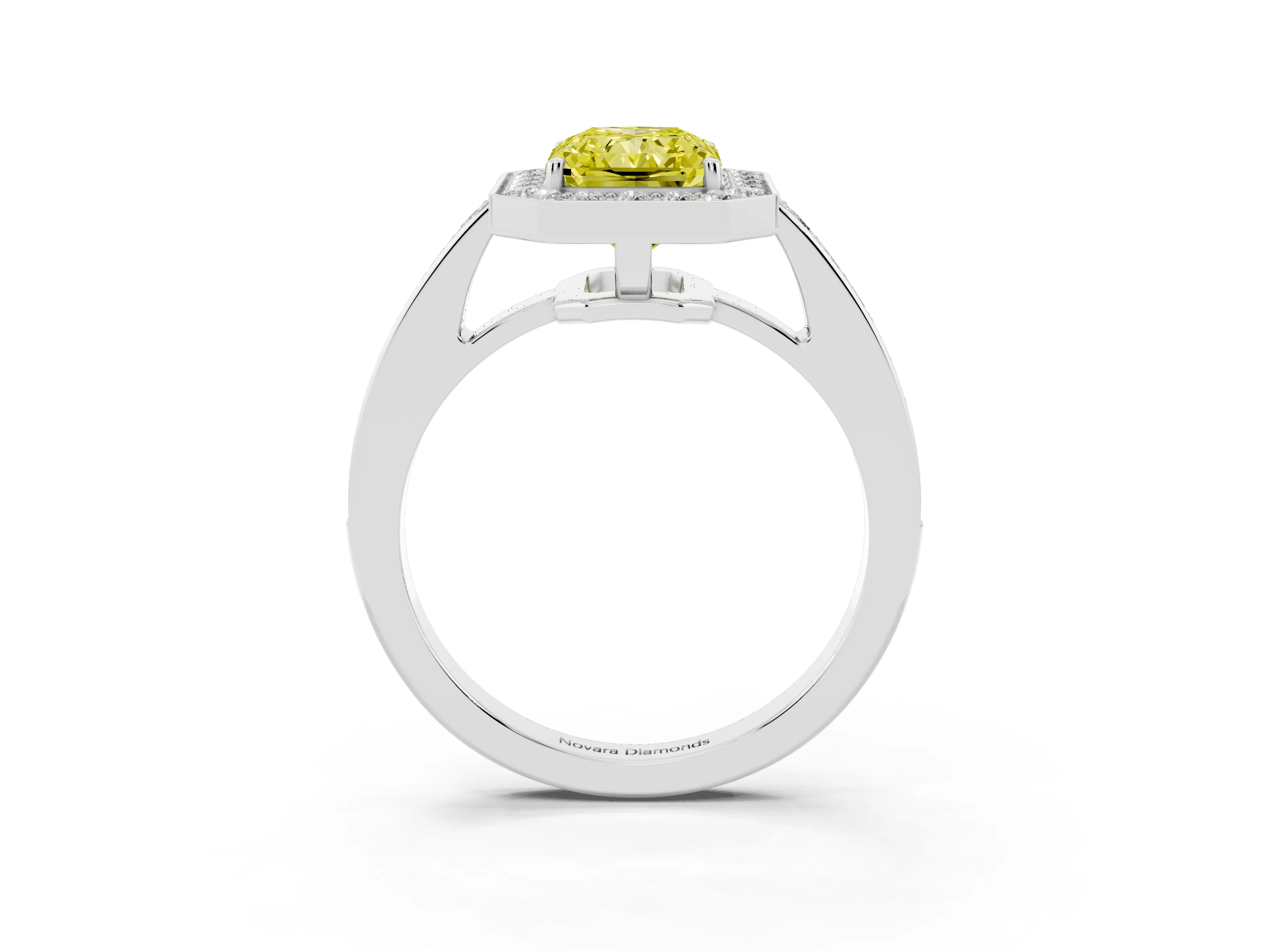 Fancy Yellow Radiant Cut Diamond Halo Pavé Engagement Ring Set in Silver with Bezel Setting