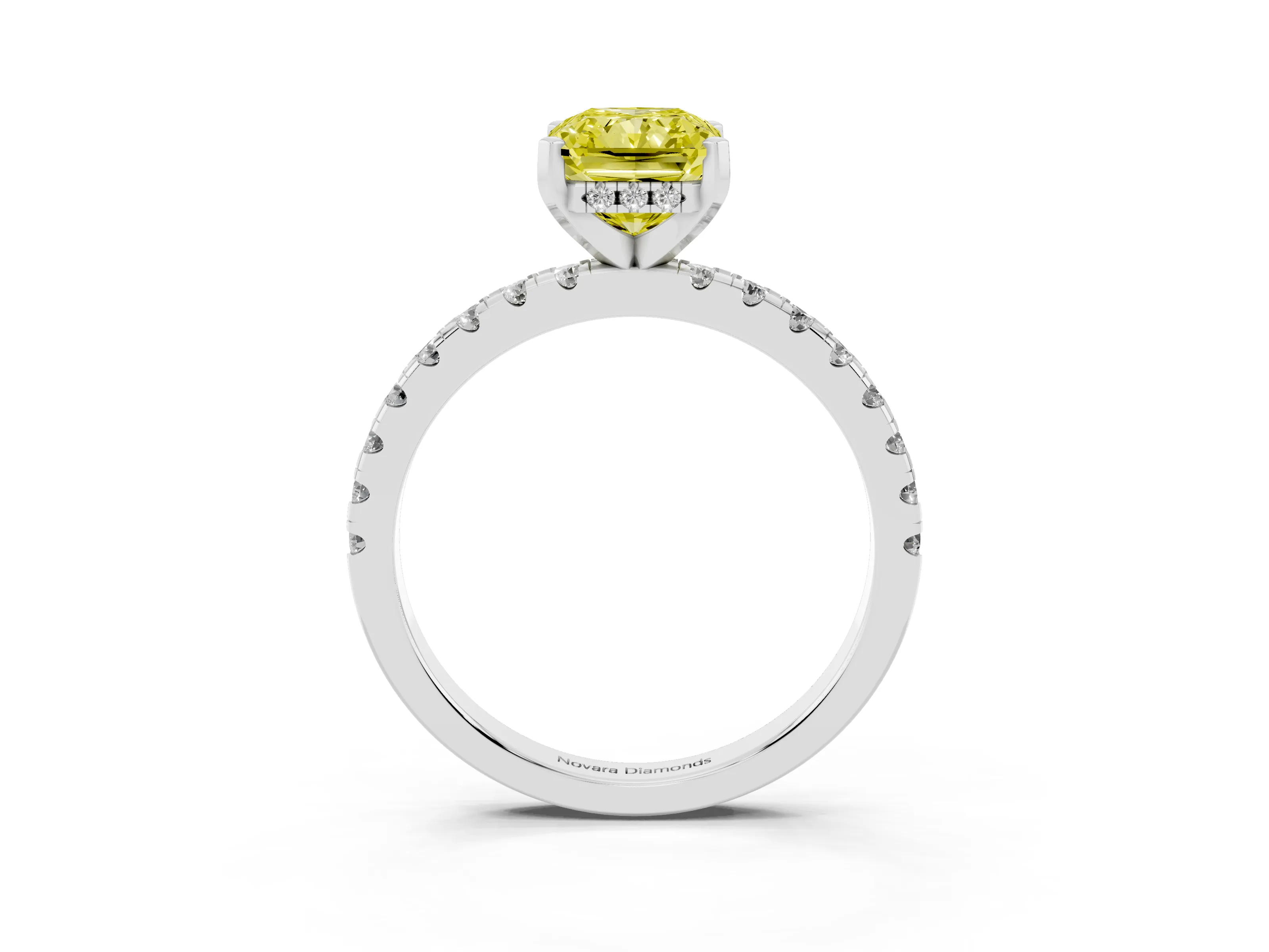 Fancy Yellow Radiant Cut Diamond Pavé Solitaire Ring Set in Silver with Round Band Accents and Prong Setting