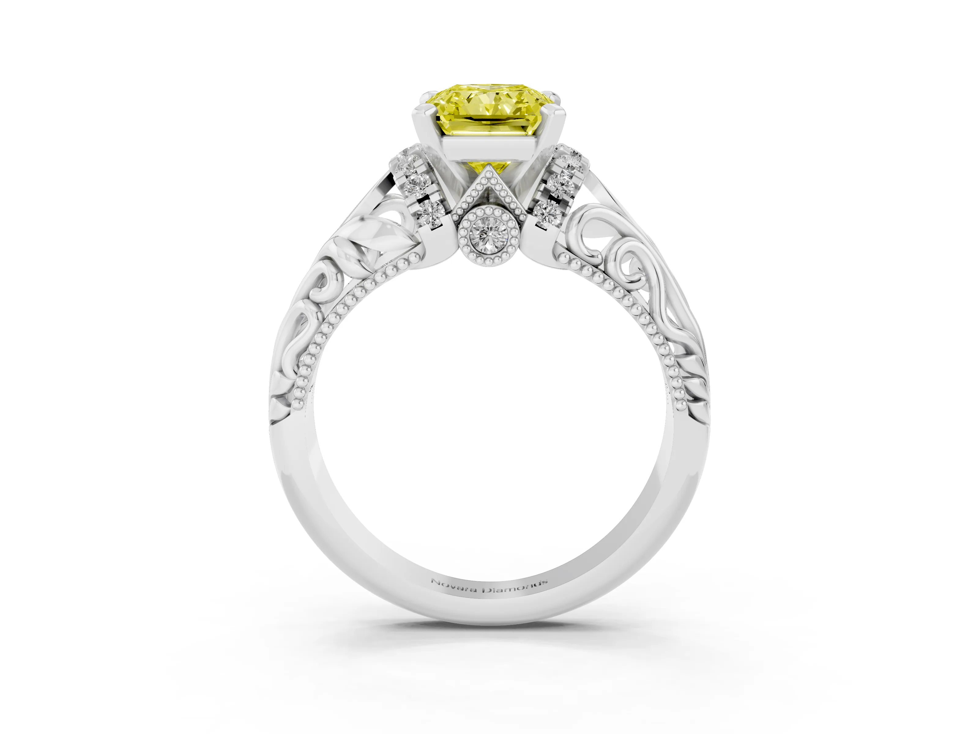Fancy Yellow Radiant Cut Diamond Filigree Halo Engagement Ring Set in White gold with Prong Setting