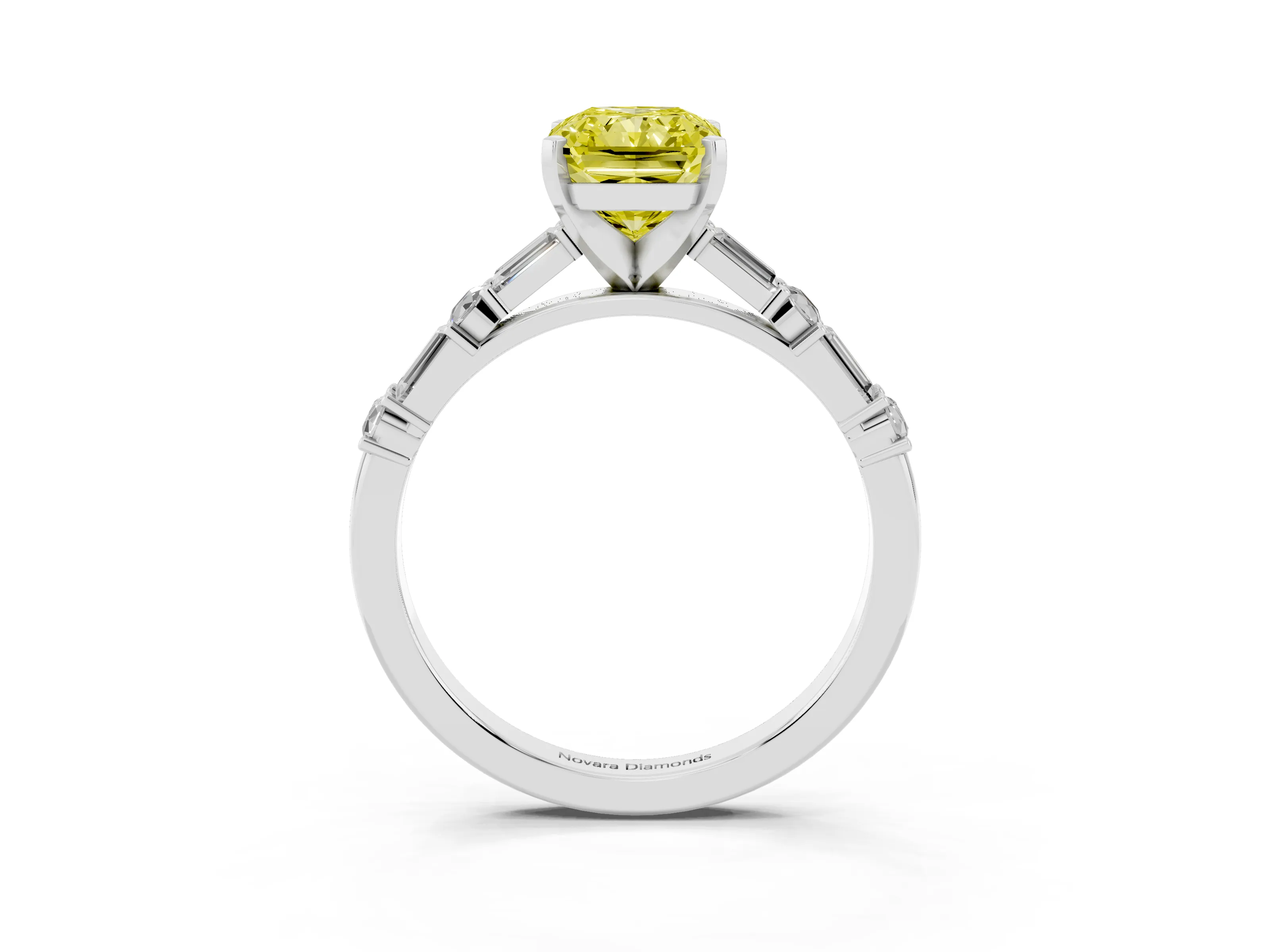 Fancy Yellow Radiant Cut Diamond Solitaire Set in Platinum with Side Baguettes and Channel Set Band