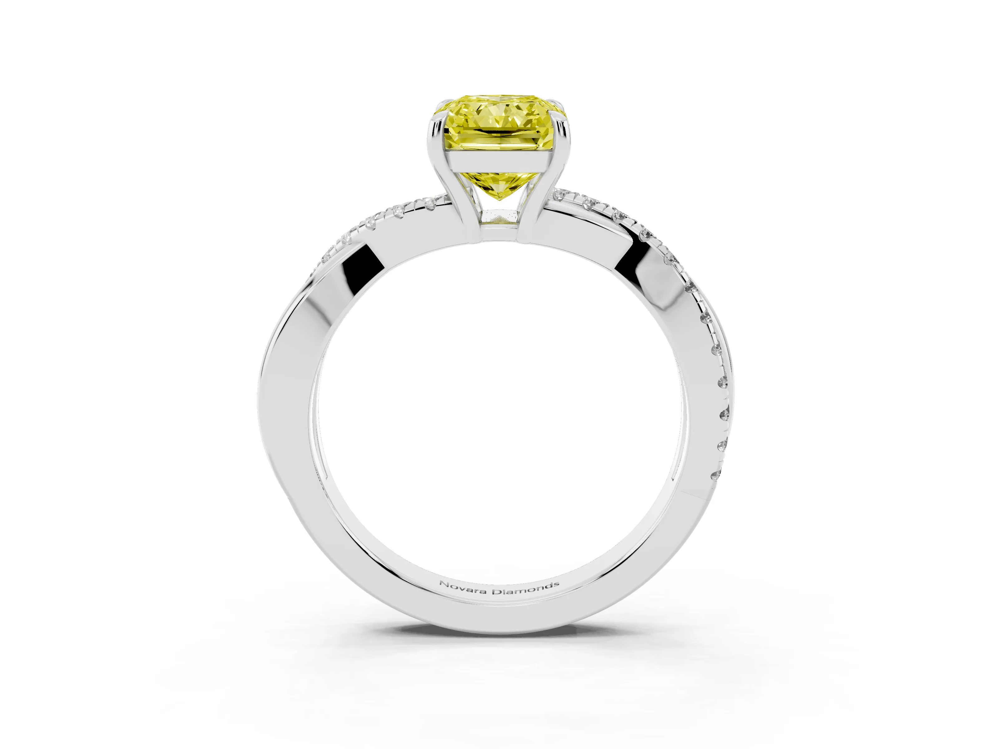Fancy Yellow Radiant Cut Diamond Twisted Pavé Band Ring Set in Silver with Prong Setting