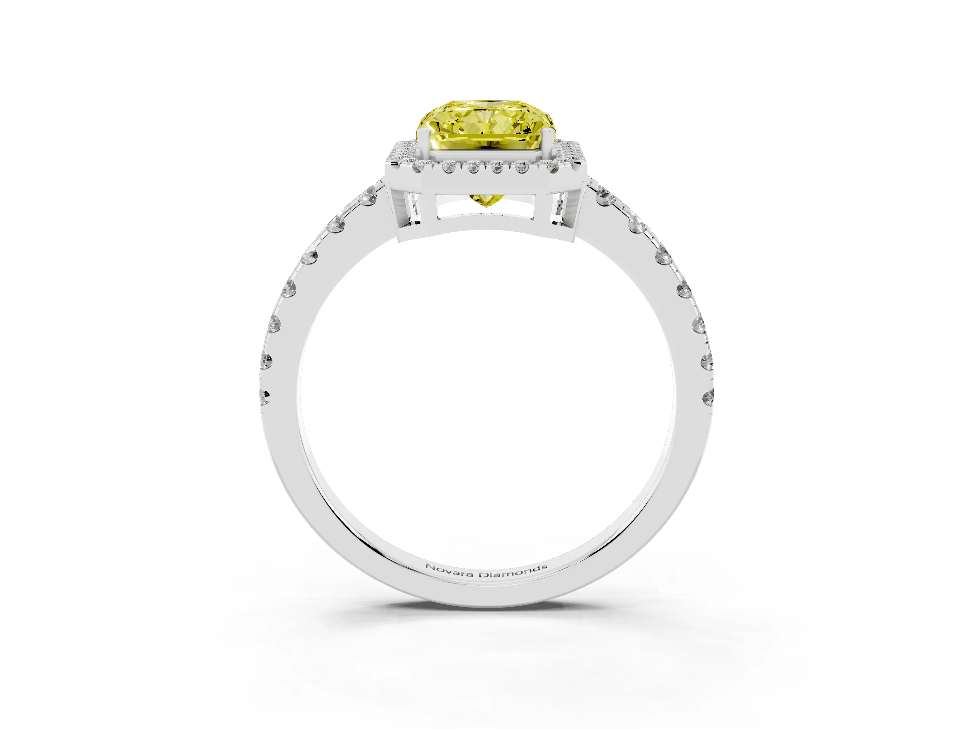 Fancy Yellow Radiant Cut Diamond Halo Ring Set in White gold with Delicate Pavé Band and Prong Setting
