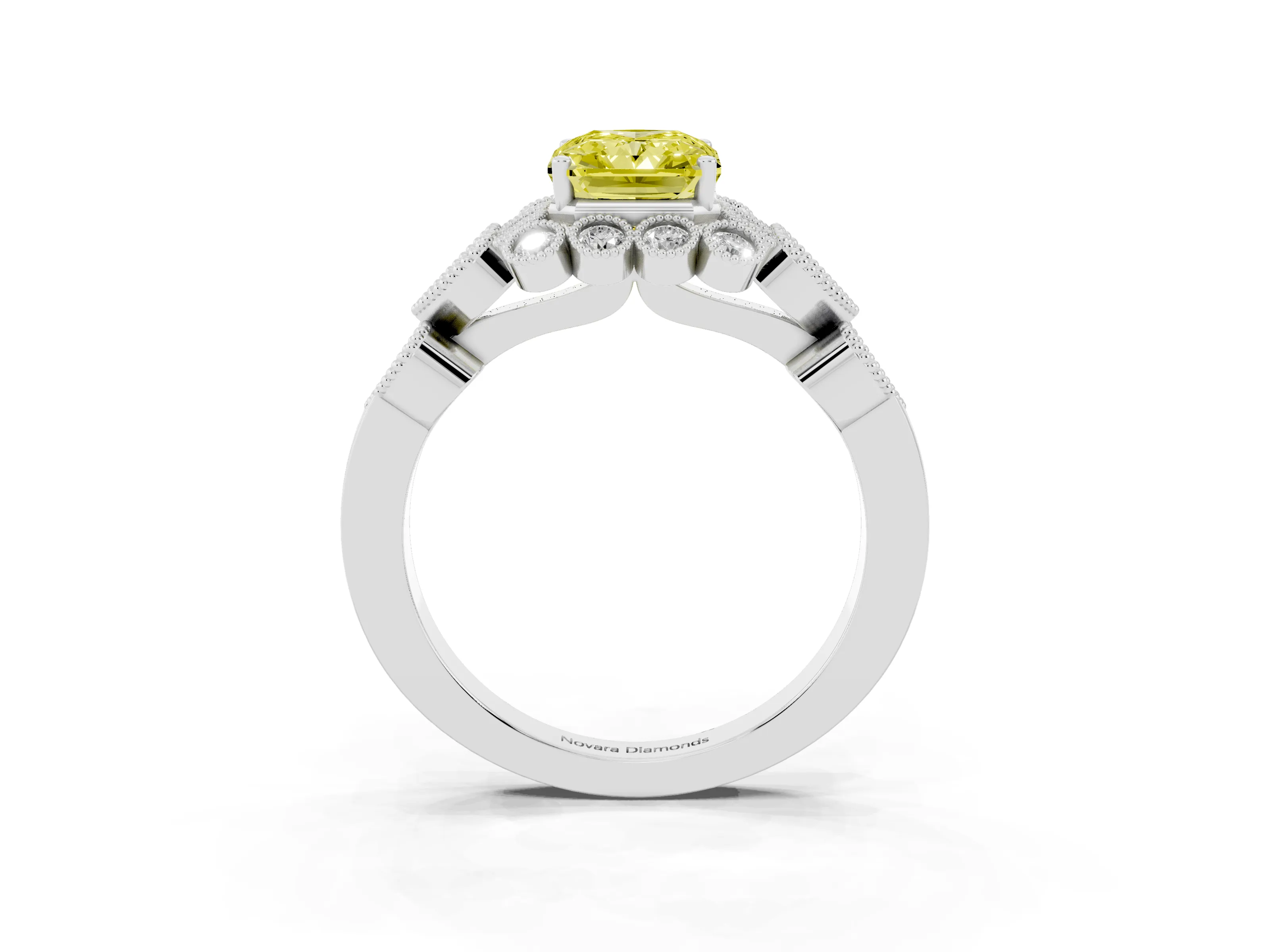 Fancy Yellow Radiant Cut Diamond Solitaire Ring Set in Platinum with Milgrain Pavé Heart Band