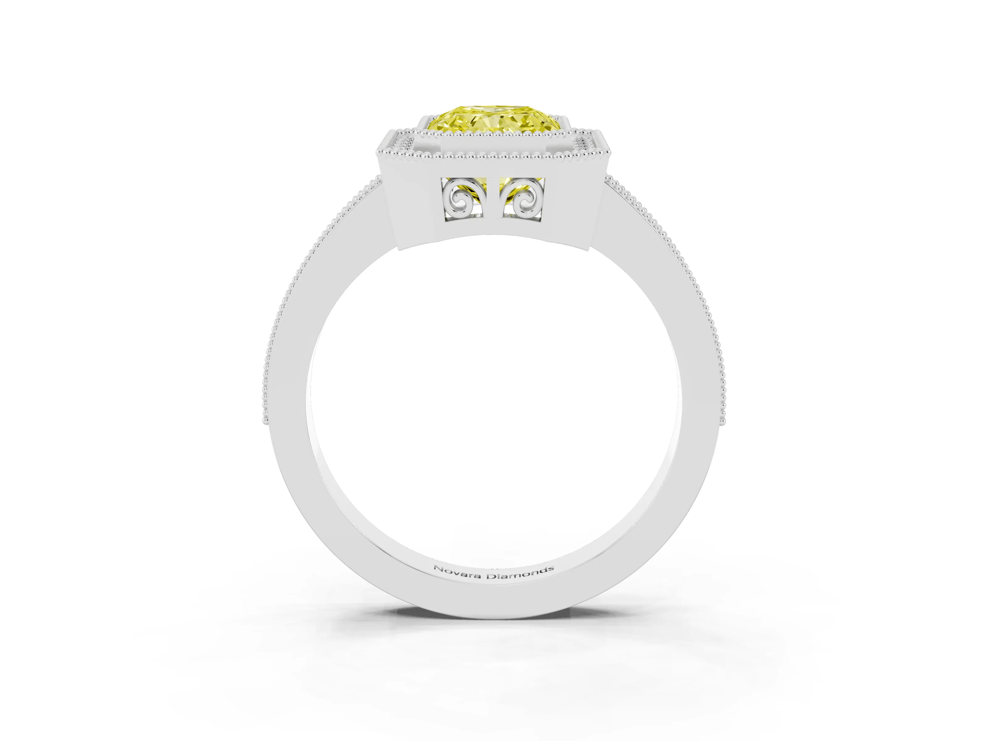 Fancy Yellow Radiant Cut Diamond Round Halo Ring Set in White gold with Pavé Band
