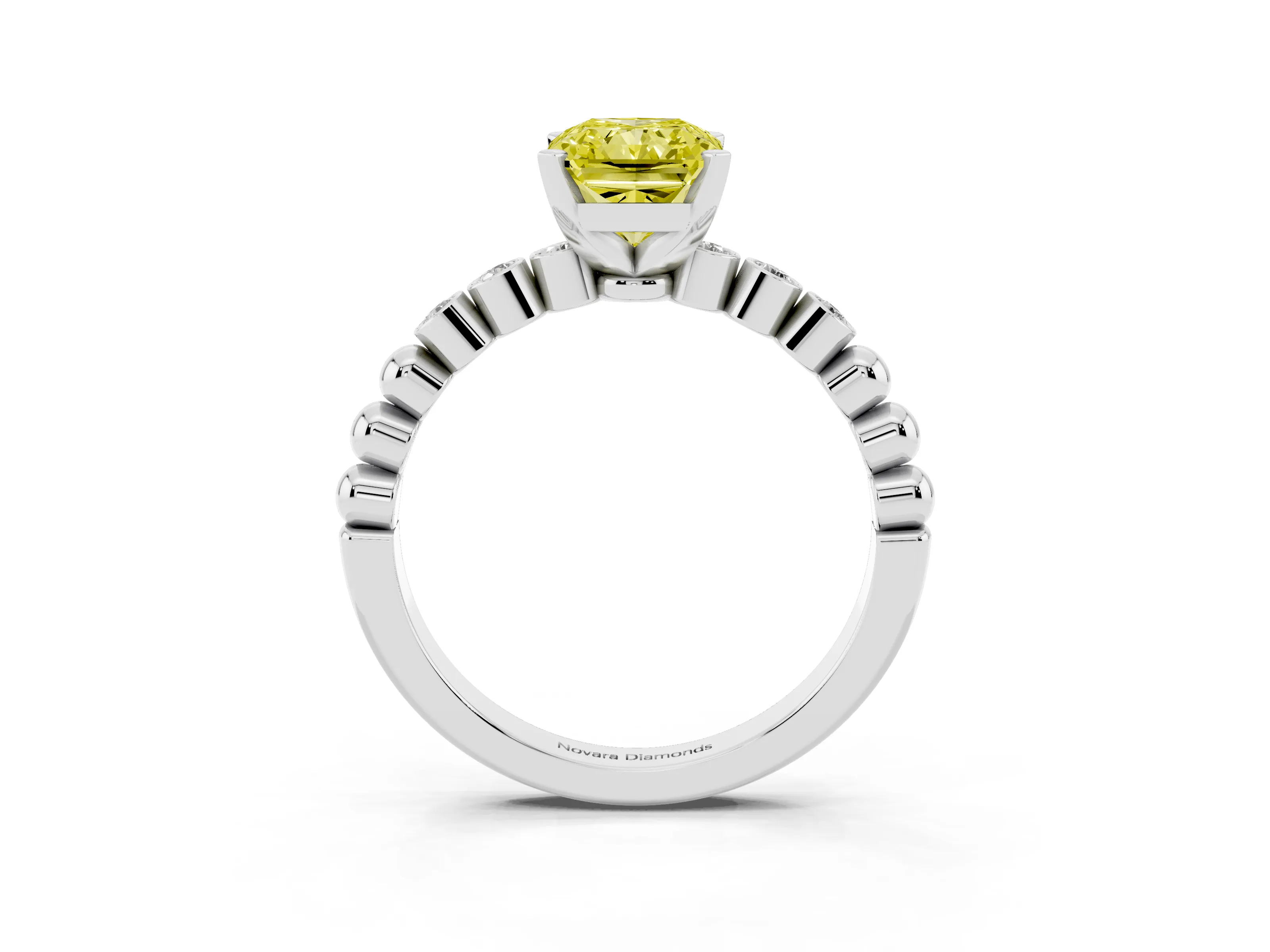 Fancy Yellow Radiant Cut Diamond Solitaire Engagement Ring Set in White gold with Bezel Accents on Beaded Band
