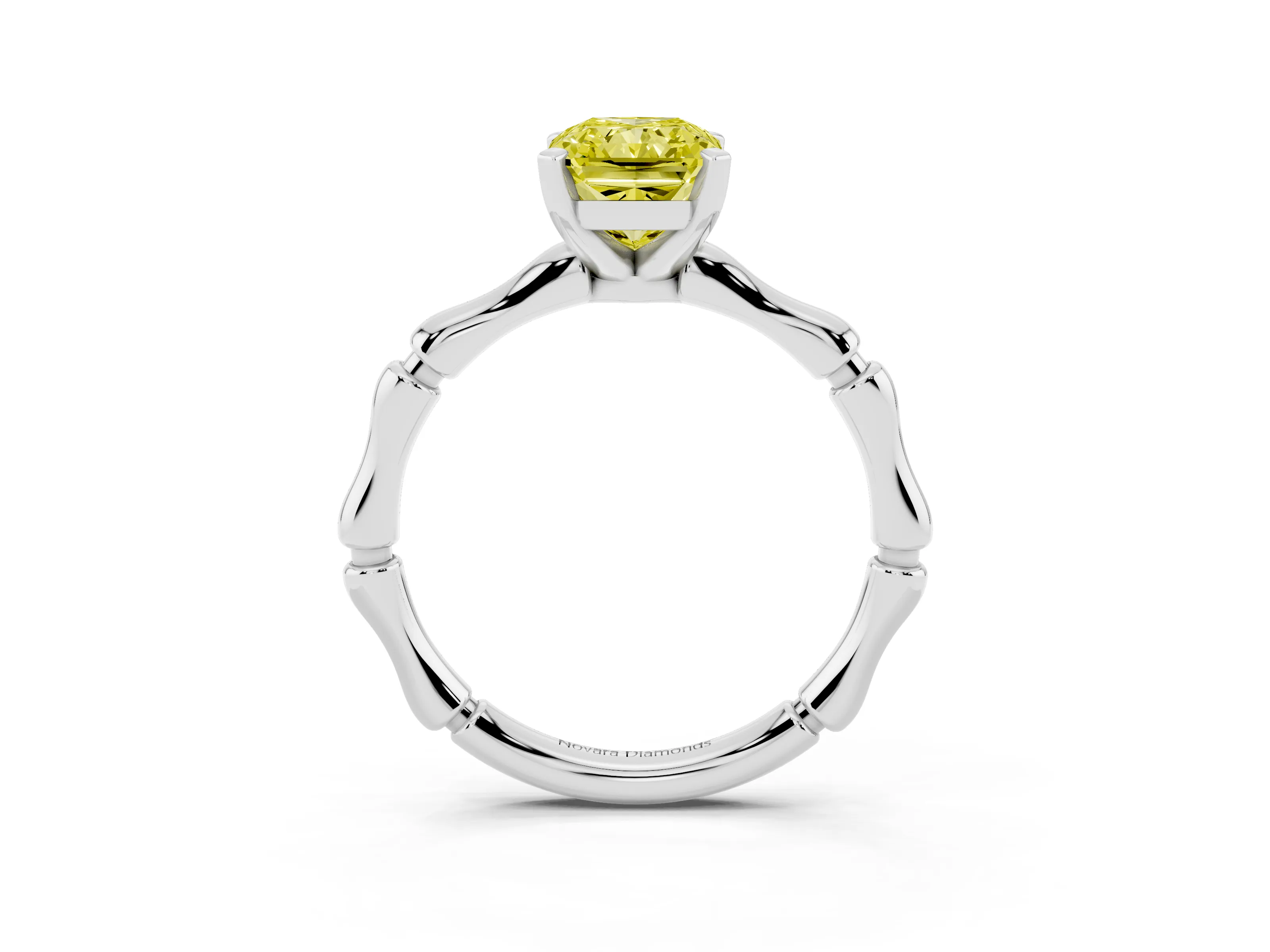 Fancy Yellow Radiant Cut Diamond Solitaire Ring Set in Silver with Bamboo Band and Prong Setting