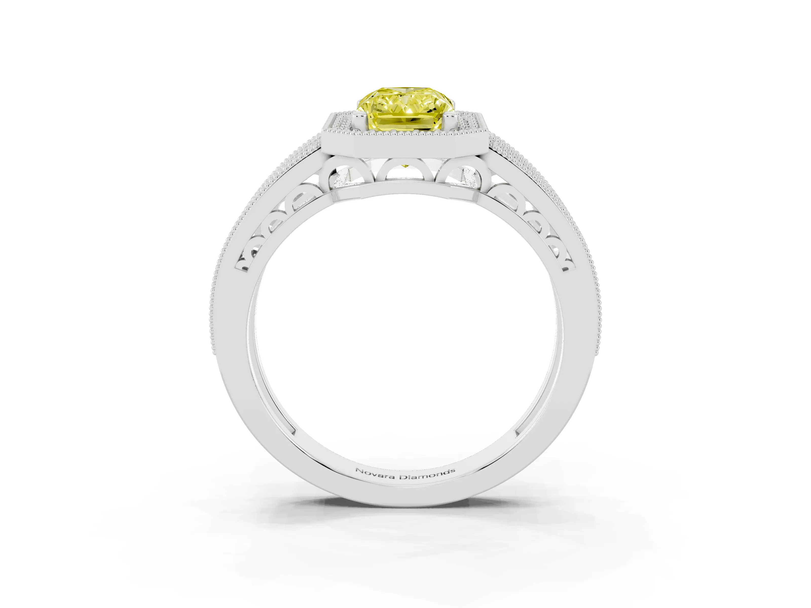 Fancy Yellow Radiant Cut Diamond Halo Ring Set in Platinum with Accent Split Shank and Prong Setting