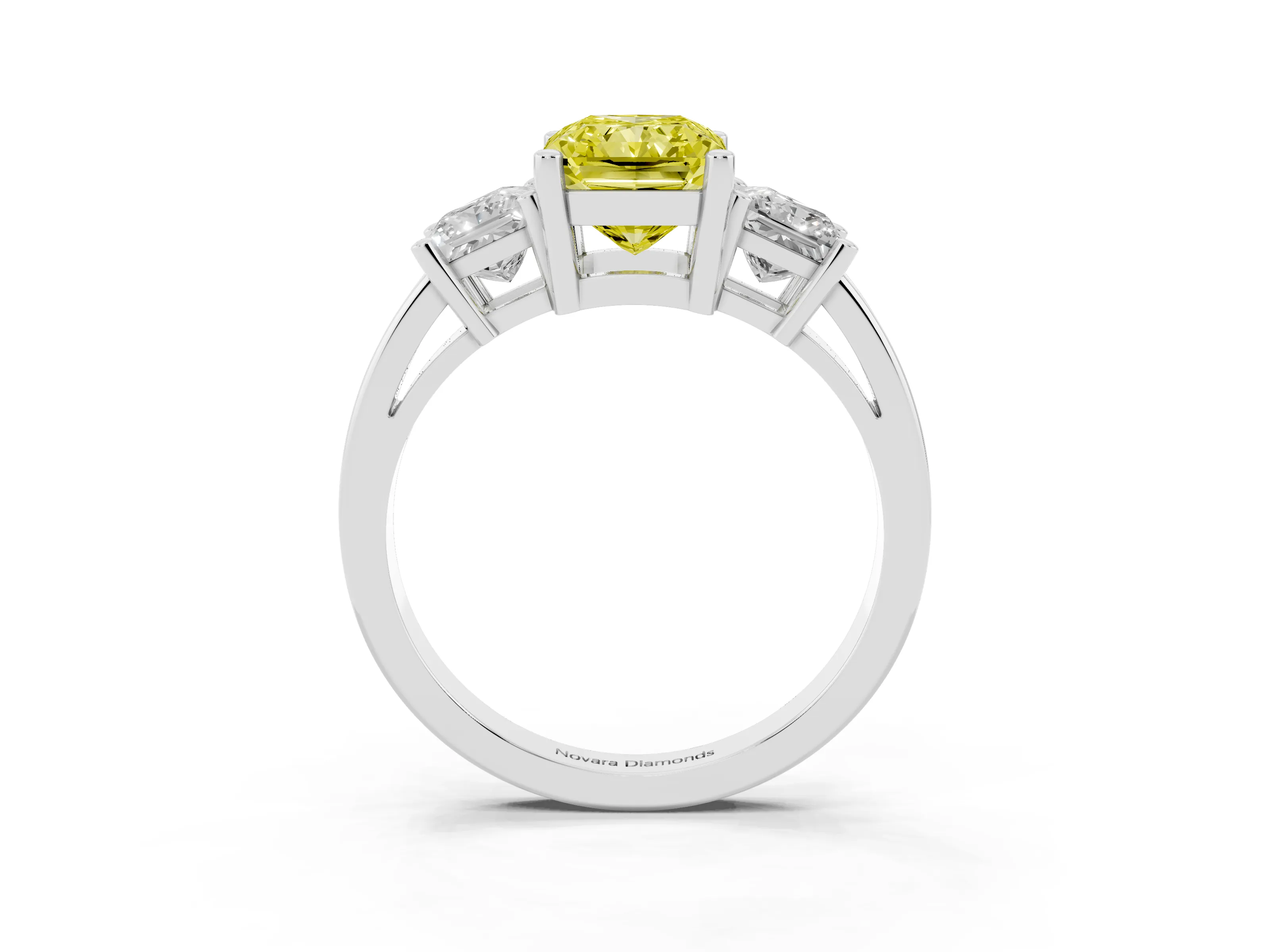 Fancy Yellow Three-Stone Radiant Cut Diamond Solitaire Ring Set in Platinum with Prong Setting