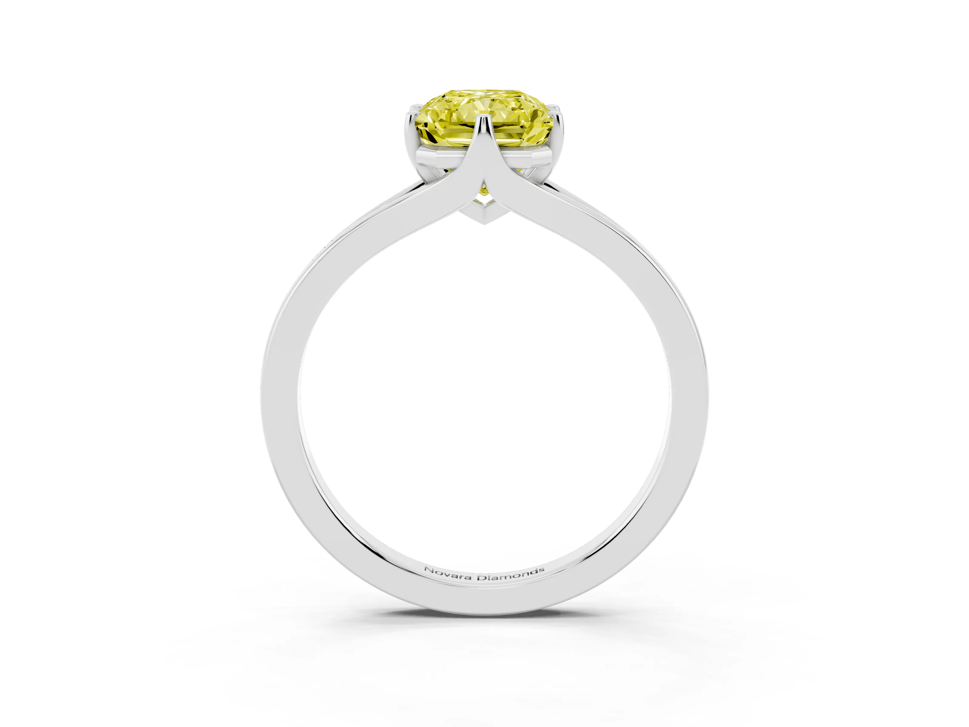 Fancy Yellow Radiant Cut Diamond Solitaire Ring Set in Platinum with Polished Tapered Band and Prong Setting