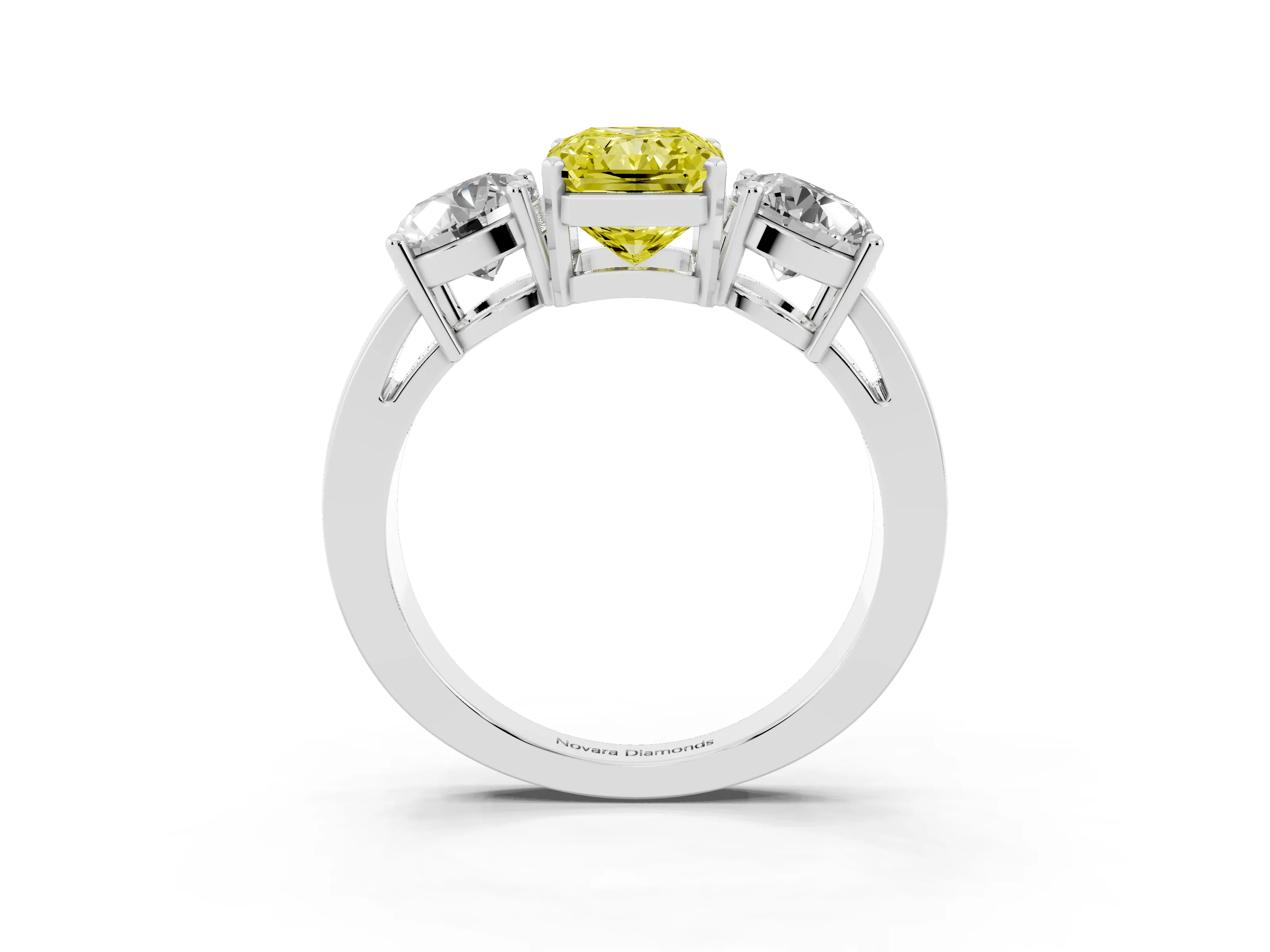 Fancy Yellow Radiant Cut Diamond Three-Stone Ring Set in Silver with Round Side Stones and Classic Band