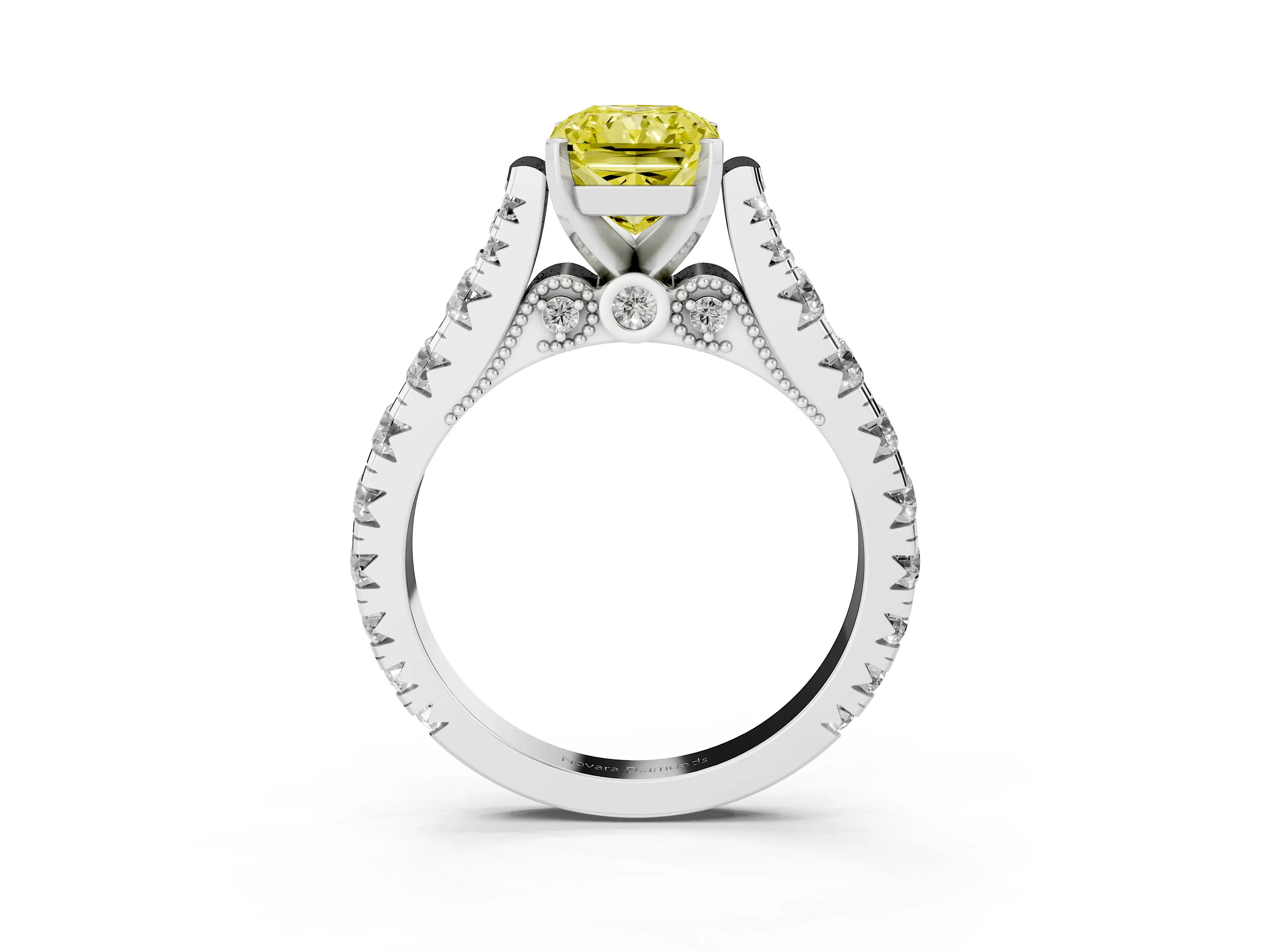 Fancy Yellow Radiant Cut Diamond Classic Solitaire Ring Set in Silver with Pavé Band and Prong Setting