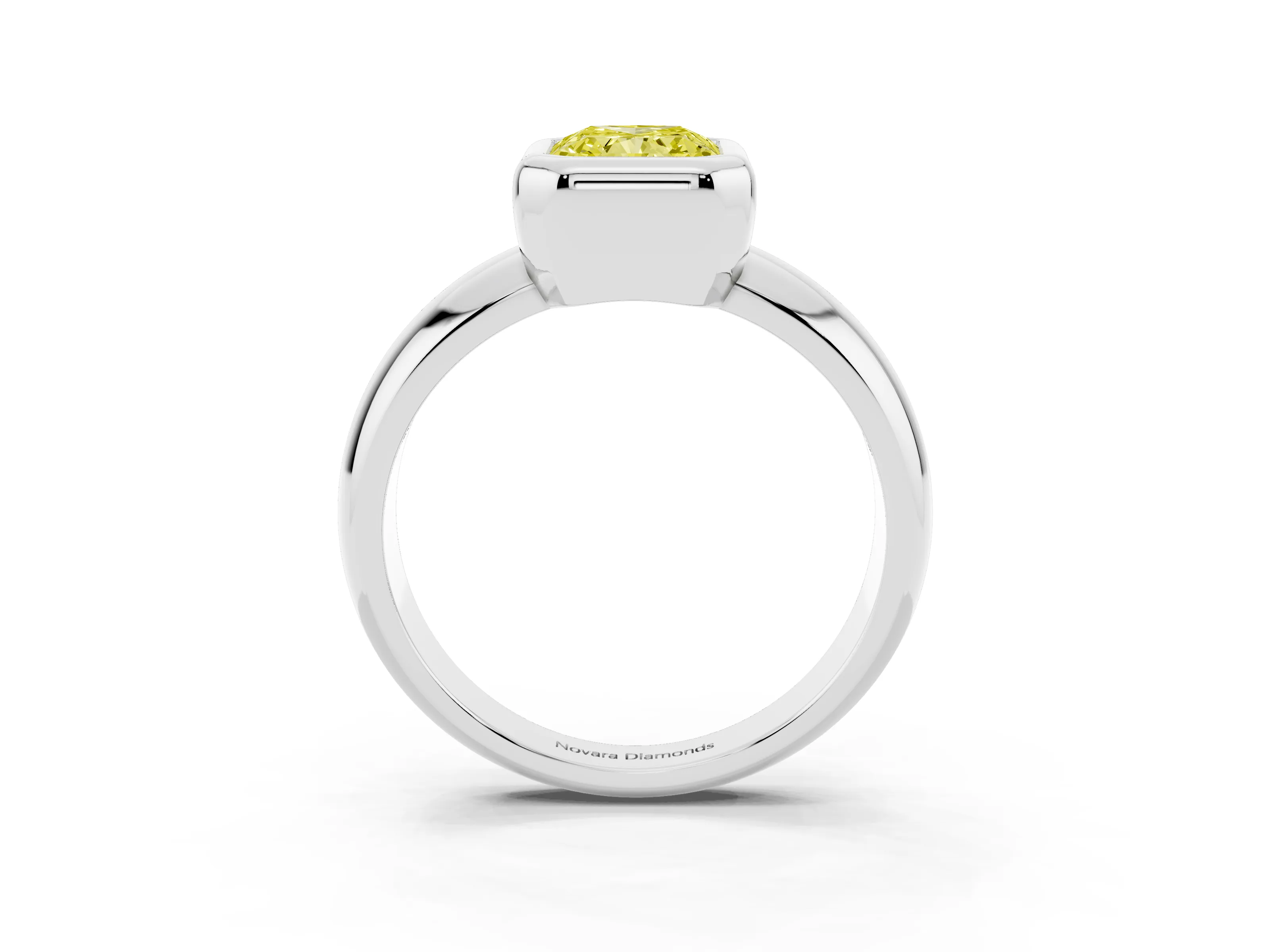 Fancy Yellow Bezel Set Radiant Cut Diamond Solitaire Ring Set in White gold with Wide Band
