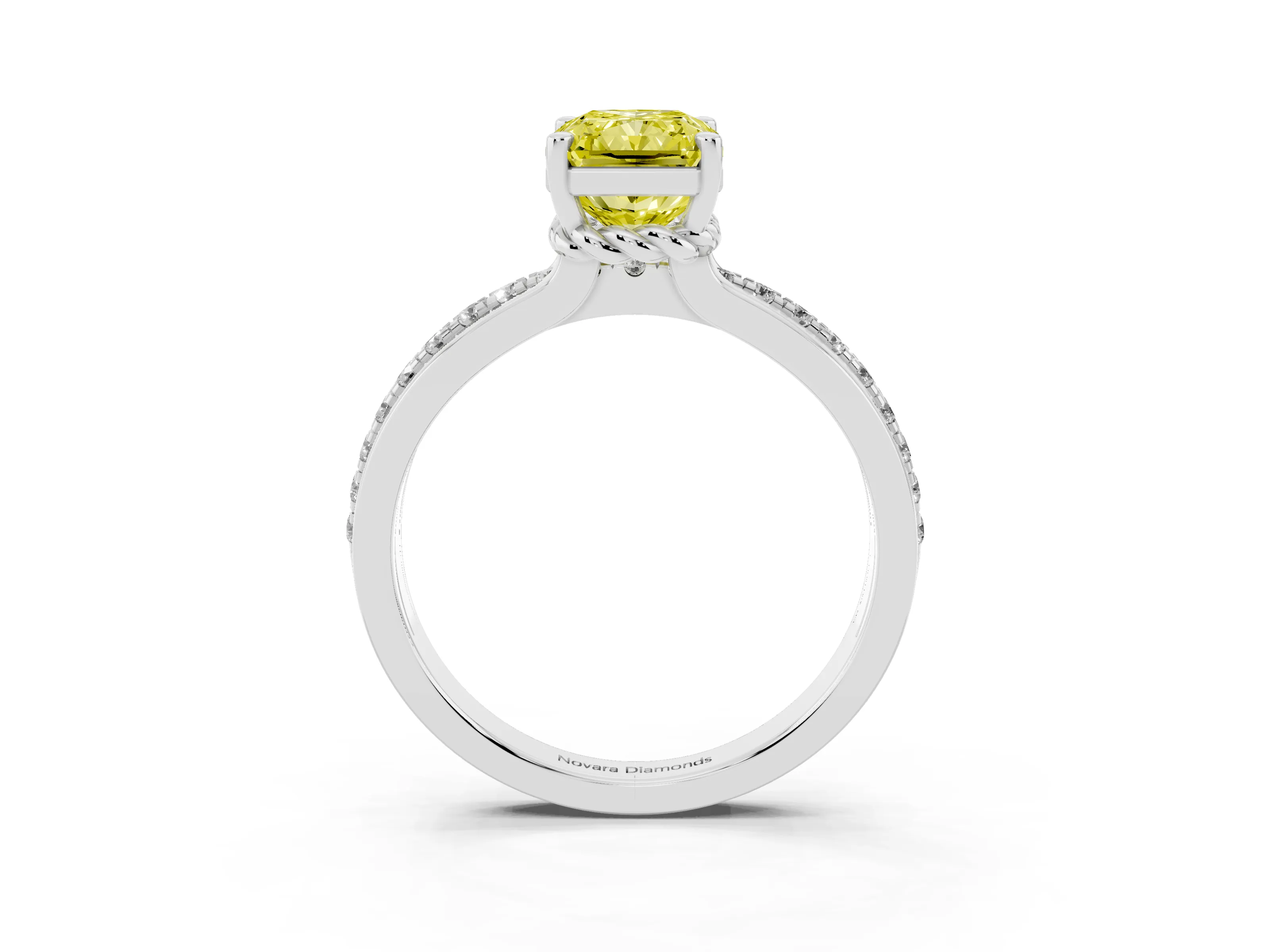 Fancy Yellow Radiant Cut Diamond Solitaire Ring Set in White gold with Channel Set Band and Prong Setting