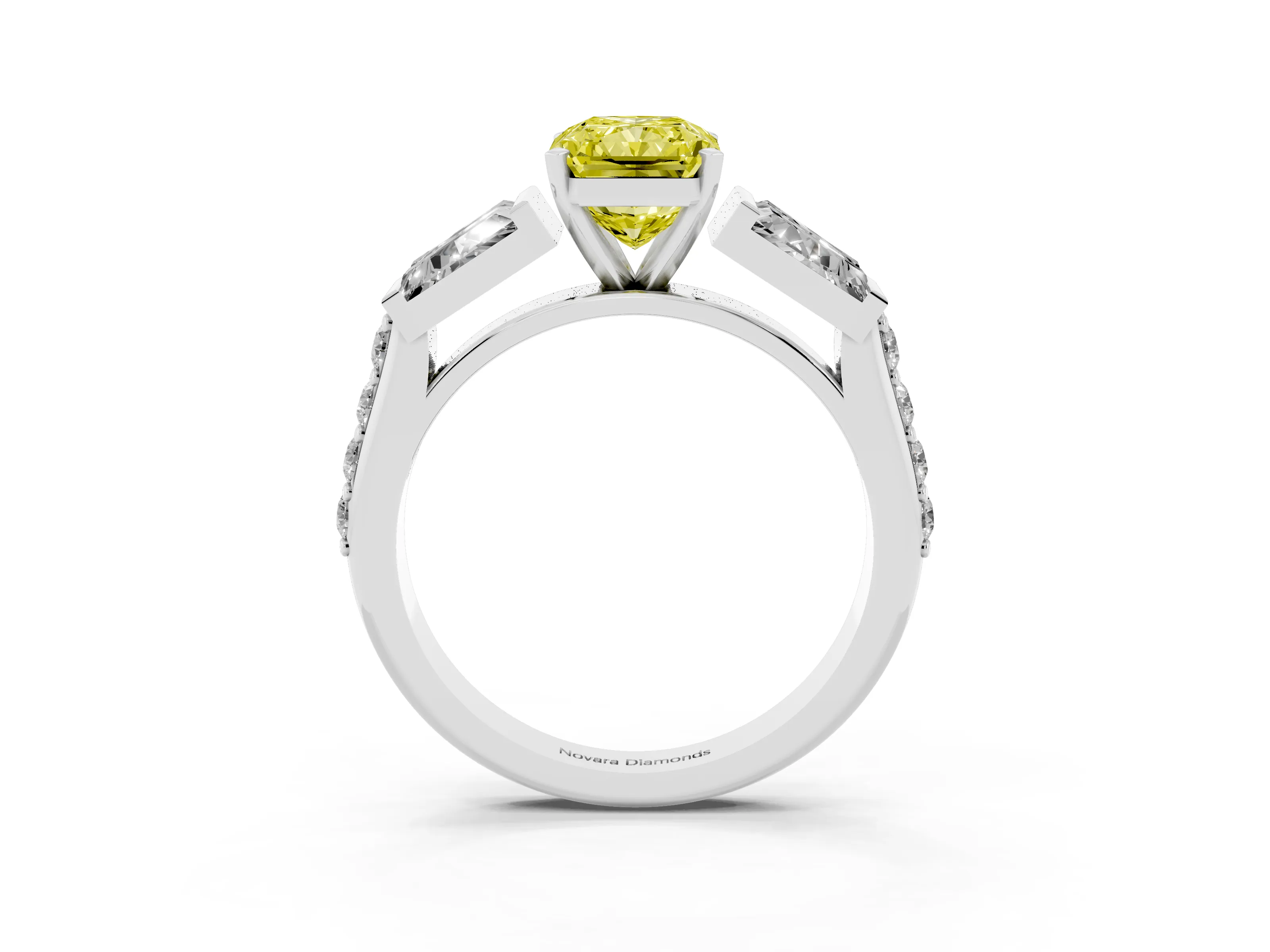 Fancy Yellow Radiant Cut Diamond Engagement Ring Set in Silver with Baguette Side Stones and Channel Set Band