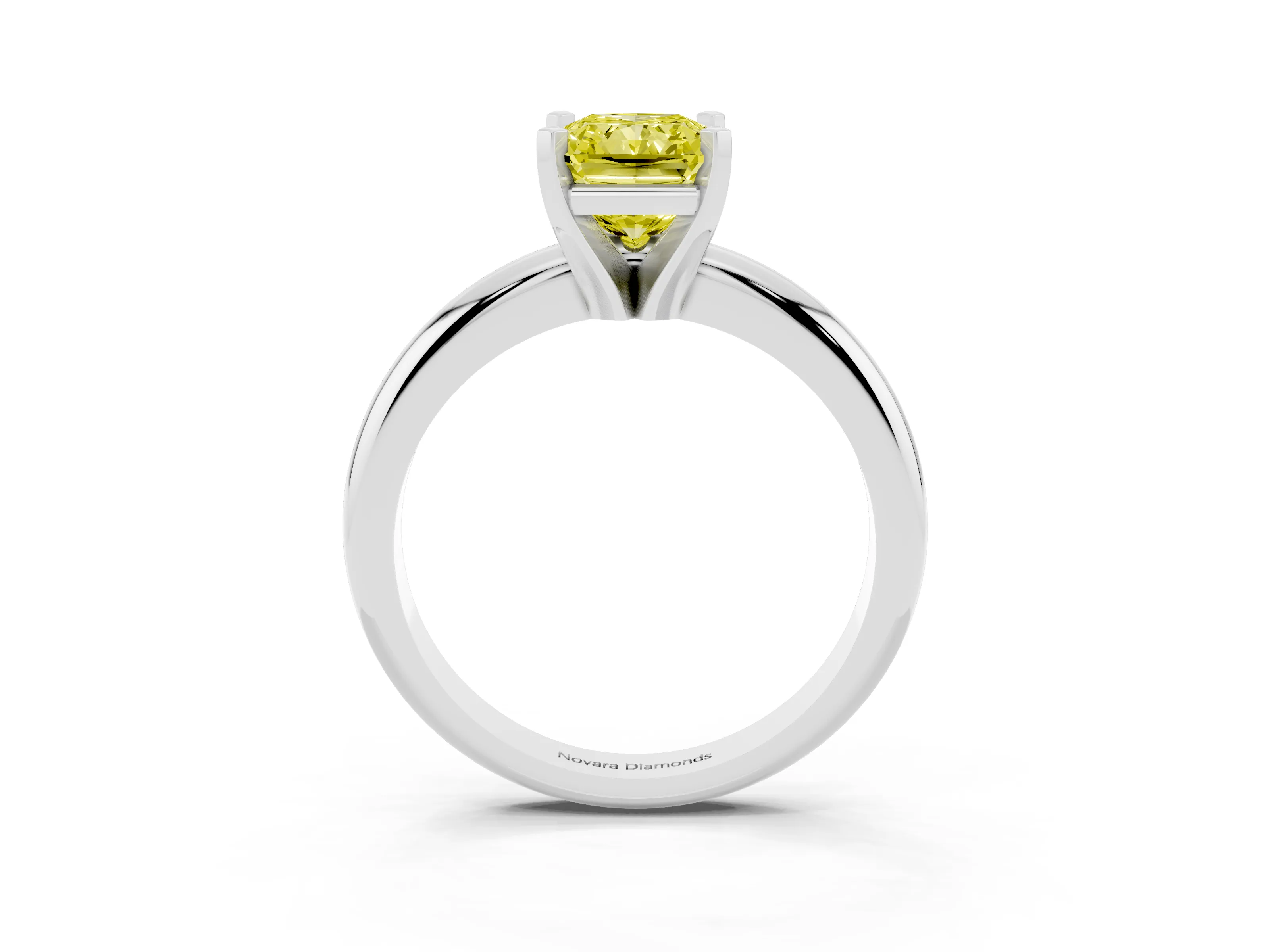 Fancy Yellow Radiant Cut Diamond Solitaire Engagement Ring Set in Platinum with Round Band and Prong Setting