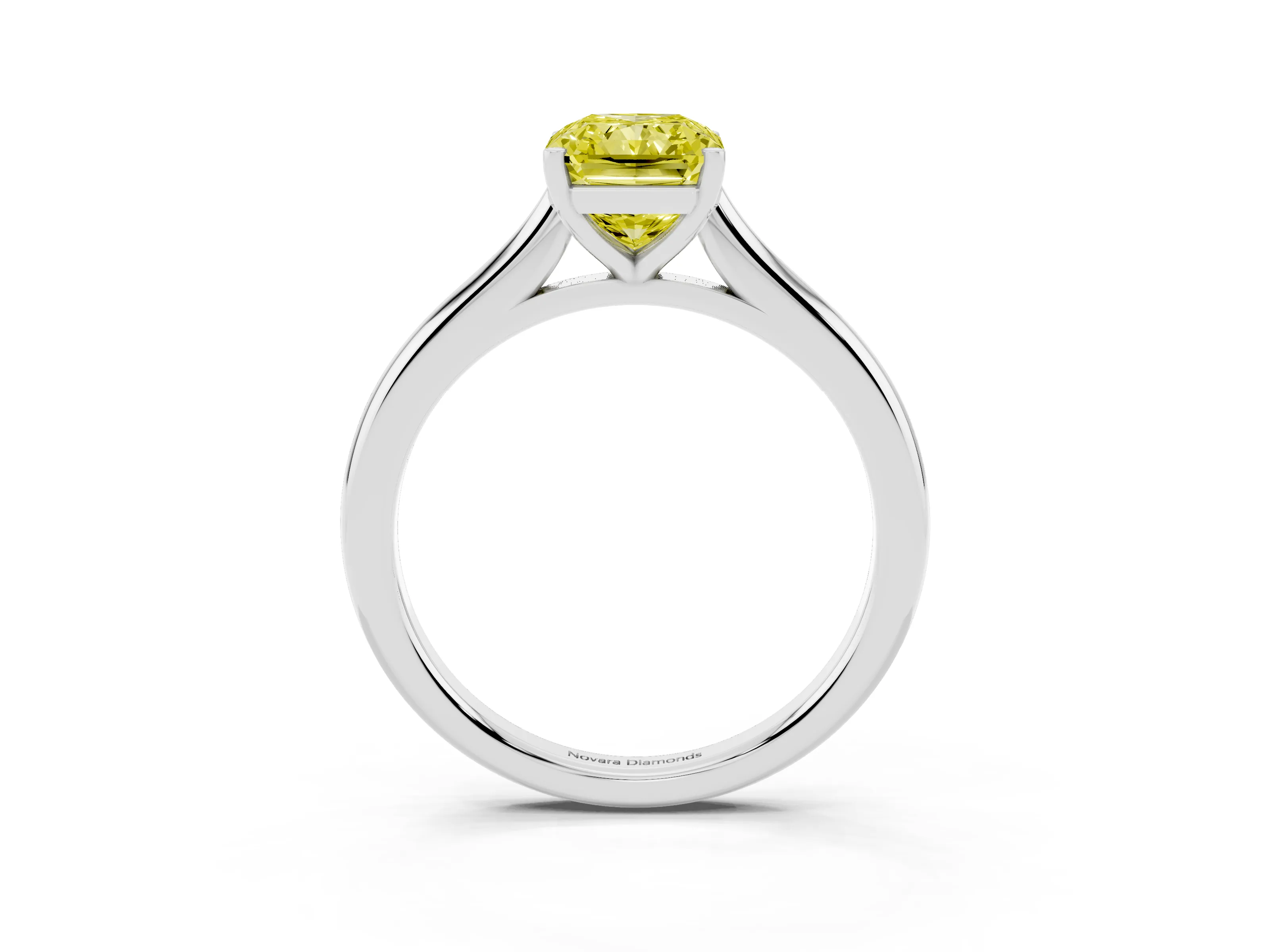 Fancy Yellow Radiant Cut Diamond Solitaire Ring Set in Platinum with Cathedral Band and Prong Setting
