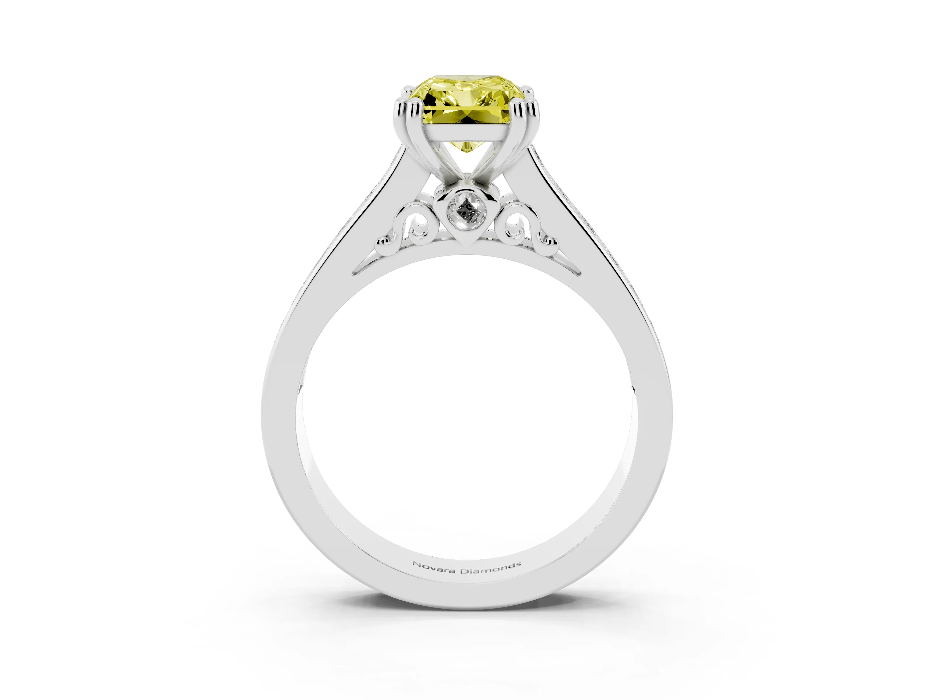 Fancy Yellow Radiant Cut Diamond Channel Set Solitaire Engagement Ring Set in Silver with Prong Setting