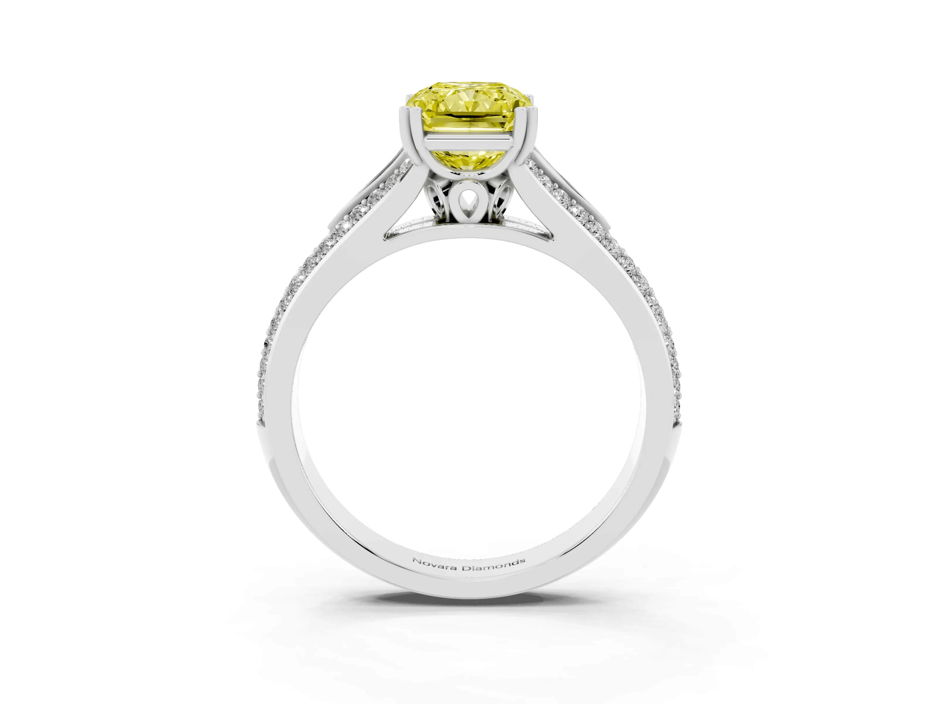 Fancy Yellow Radiant Cut Diamond Split Shank Pavé Engagement Ring Set in Platinum with Prong-Set Center Stone