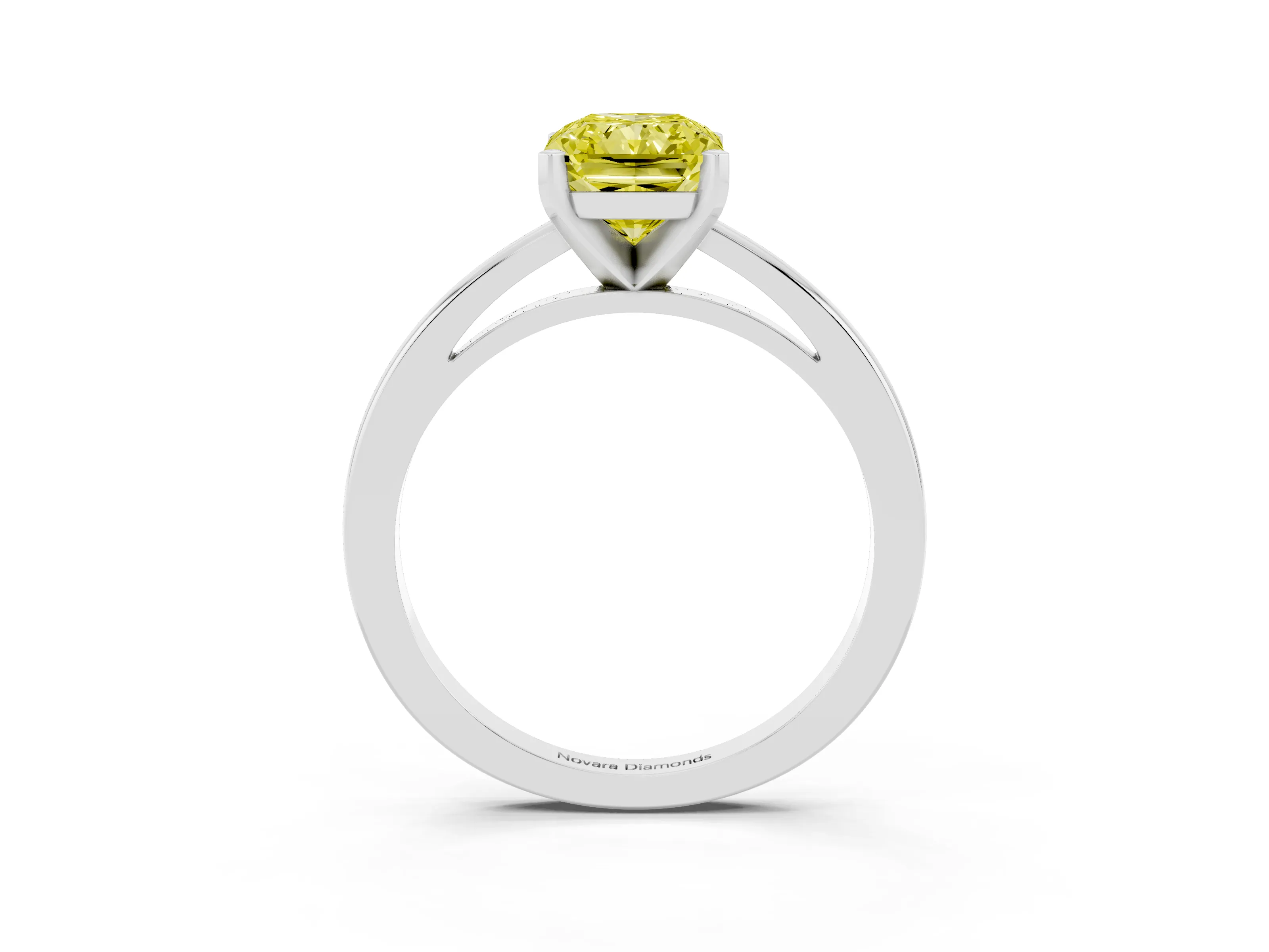 Fancy Yellow Radiant Cut Diamond Solitaire Engagement Ring Set in Platinum with Prong Setting on a Classic Band