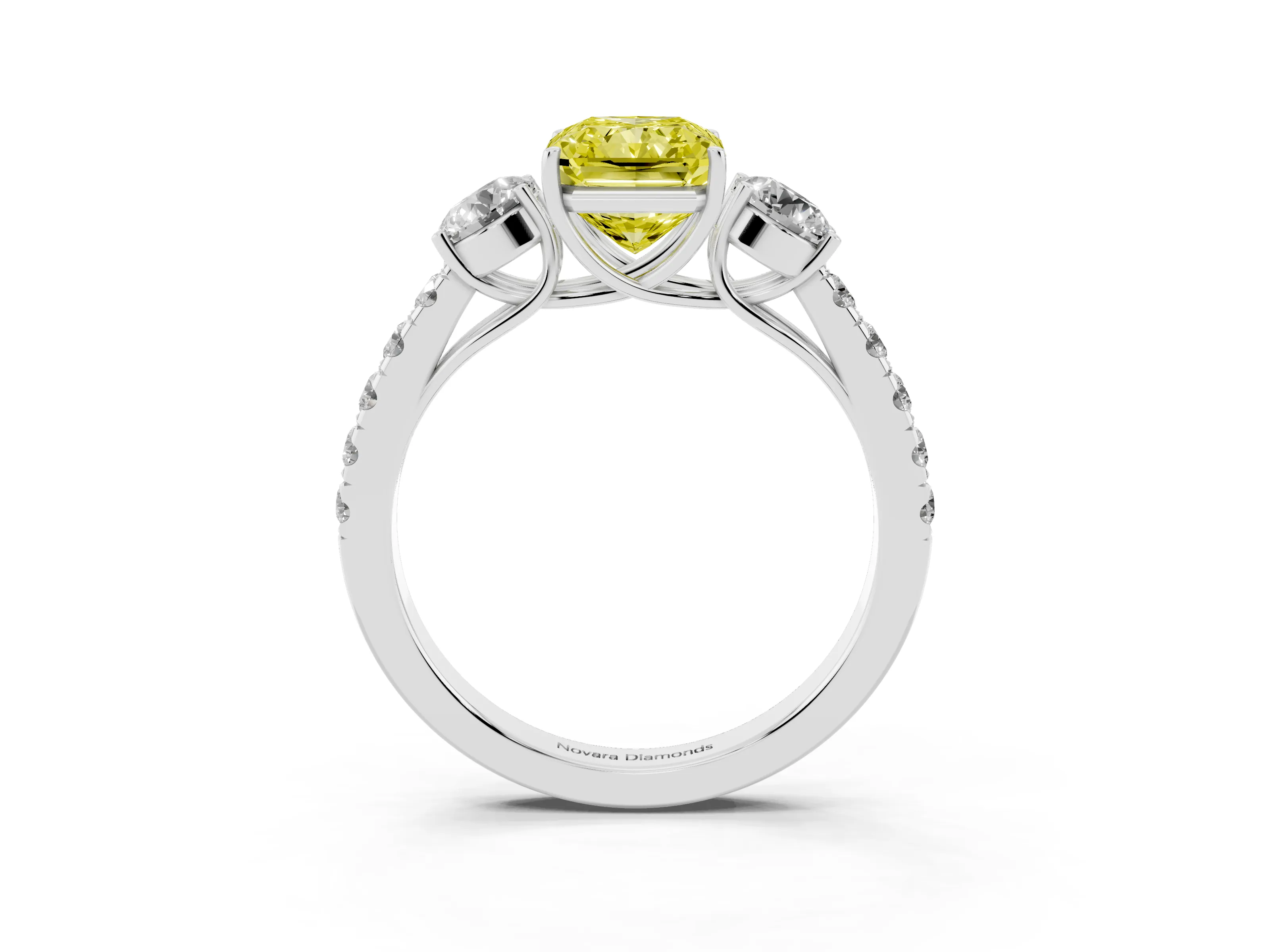 Fancy Yellow Radiant Cut Diamond Three-Stone Ring Set in Silver with Round Side Stones and Delicate Pavé Band