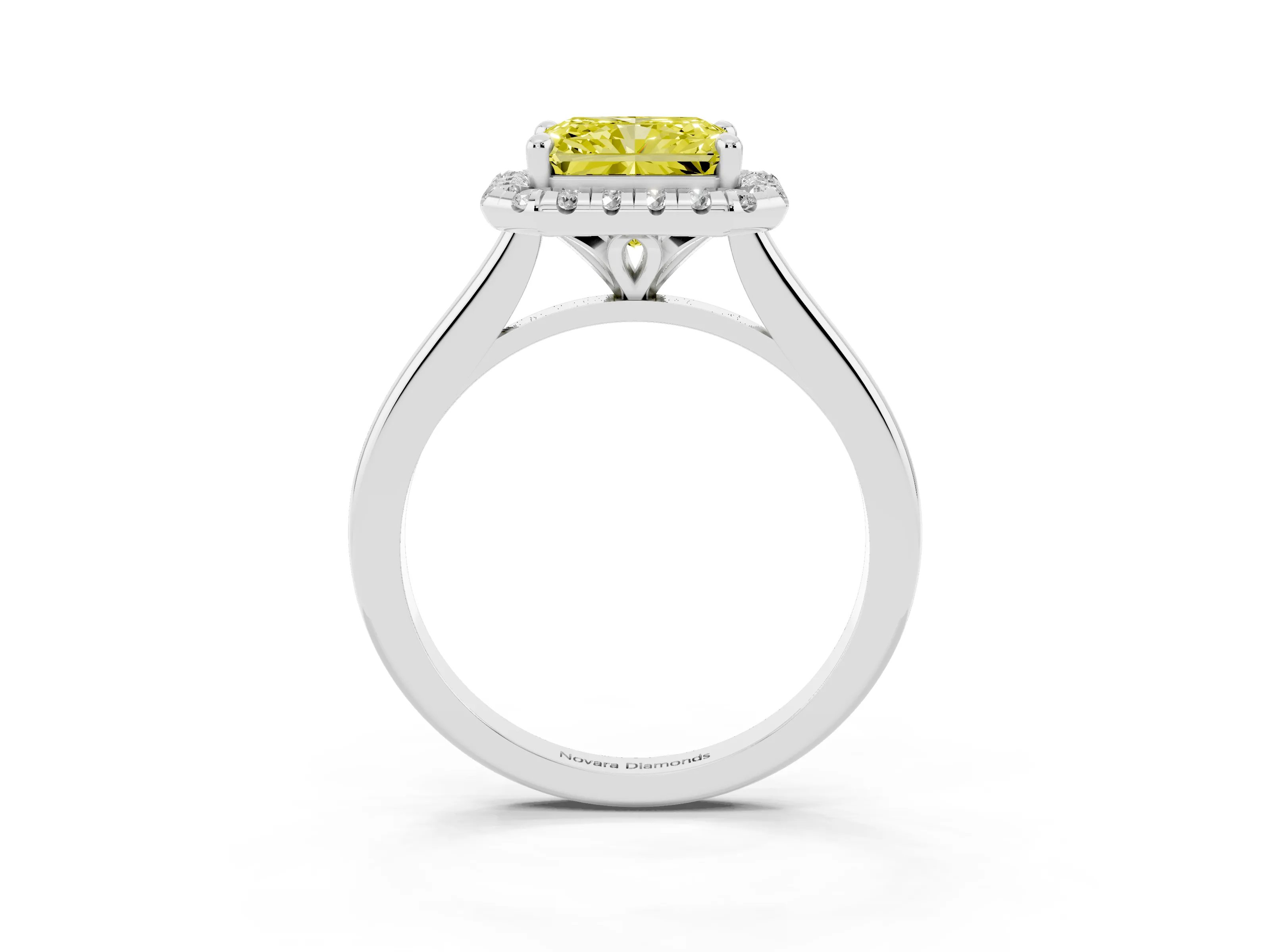 Fancy Yellow Radiant Cut Diamond Halo Engagement Ring Set in White gold with Pavé Band and Rising Shoulders