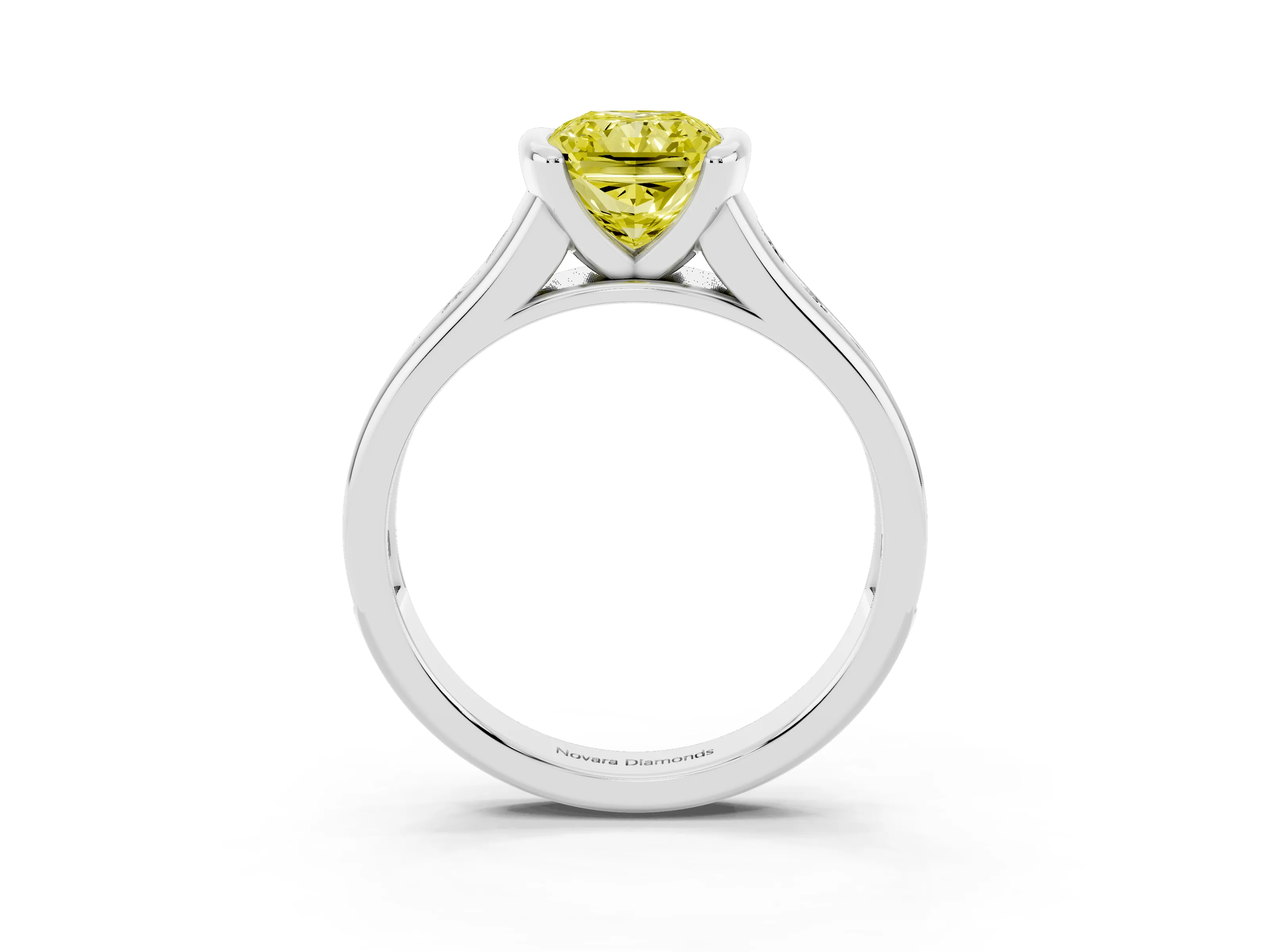 Fancy Yellow Radiant Cut Diamond Bezel-Set Solitaire Ring Set in White gold with Channel-Set Band